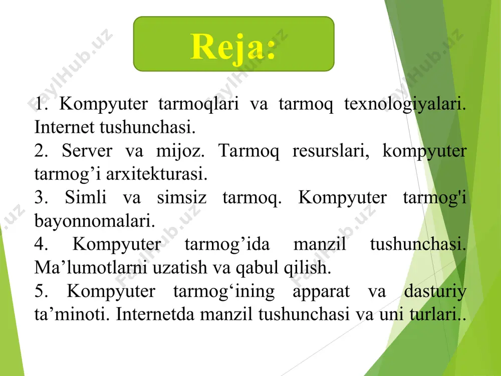 tan area network) tavsif: mintaqaviy tarmoq (man) — bu o'rtacha katta geografik hududni qamrab oladigan tarmoq. man tarmog'i odatda bir necha kilometrdan yuzlab kilometrgacha bo'lgan hududni qamrab oladi. bu lan va wan orasidagi o'lchamga ega tarmoqdir. xususiyatlar: geografik hudud: bir shahar yoki shaharlararo hududni qamrab oladi. tezlik: lan'ga nisbatan tezroq, lekin wan'ga qaraganda pastroq (odatda 1 gbps yoki undan yuqori). infratuzilma: tarmoqni tashkil etish uchun qurilmalar va texnologiyalar yuqori darajada bo'lishi kerak. misollar: katta shaharlardagi tarmoq infratuzilmalari, shaharlar o'rtasidagi internet tarmoqlari, universitetlar va korporativ tarmoqlar o'rtasidagi aloqalar. afzalliklari: bir shahar yoki mintaqa ichida tezkor va samarali aloqa imkonini beradi. shaharlararo yoki katta hududlarda internet xizmatlarini taqdim etish. kamchiliklari: kengroq hududda tarmoqni qurish uchun ko'proq investitsiyalar va infratuzilma kerak. lan va wan'ga qaraganda nisbatan qimmat. 3. global tarmoq (wan – wide area network) tavsif: global tarmoq (wan) — bu katta geografik hududni qamrab oluvchi tarmoq bo'lib, masalan, bir mamlakatni yoki butun …