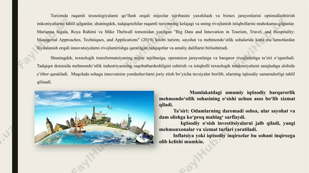 dan, hali ham yechimini kutayotgan qator tizimli muammolar mavjud. o’zbekiston chakana savdo tarmoqlarining mehmondo’stlik indus-triyasi rivojlanish istiqbollari. o‘zbekiston o‘zining boy madaniy merosi, qadimiy tarixiy yodgorliklari va milliy urf-odatlari bilan sayyohlar e’tiborini tortayotgan davlatlardan biridir. mamlakatda turizm va mehmondo‘stlik industriyasining jadal rivojlanishi so‘nggi yillarda sezilarli darajada faollashdi. bu jarayonda savdo tarmoqlarining o‘rni va roli alohida ahamiyat kasb etadi. tahlillar shuni ko‘rsatadiki, vr/ar texnologiyalaridan foydalangan mehmonxonalar va sayyohlik agentliklari mijozlar jalb qilish samaradorligini oshirishga muvaffaq bo‘lgan. bundan tashqari, xodimlar ishlashga unchalik rag'batlanmaydilar, chunki deyarli hamma joyda majburiyatlarni muvaffaqiyatli bajarish uchun haq to'lanmaydi. o’zbekistonda yuqori darajadagi bilimga ega bo'lgan malakali xodimlar kam, bu ham taqdim etilayotgan xizmatlar sifatiga ta'sir qiladi. mehmondo'stlik nafaqat mehmonxona biznesining rivojlanishi, balki boshqa faoliyat sohalari hamdir. o‘zbekistonda savdo tarmoqlari mehmondo‘stlik industriyasining ajralmas qismi bo‘lib, turizm rivojid bevosita va bilvosita ulkan hissa qo‘shmoqda shu jarayonda chakana savdo tarmoqlari mehmondo‘stlik industriyasi tarkibiy bo‘g‘ini sifatida katta ahamiyat kasb etadi. zero, mehmonlarga qulay, …