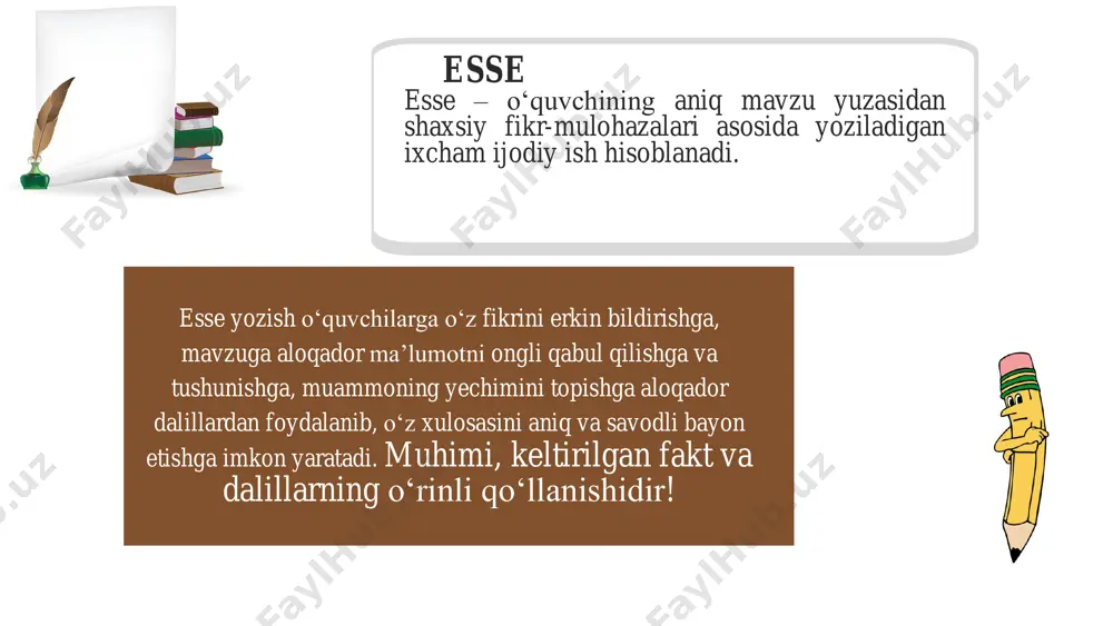 ilib, uni yechish yo‘llari ko‘rsatiladi. essening yakuniy qismida asosiy qismda berilgan muammoning yechimi tasdiqlanadi va mazmunning mohiyati ochiladi, ya’ni «esse boshida ko‘tarilgan masala bo‘yicha nima deyish mumkin?» degan savolga aniq va tushunarli javob tarzida yozilishi kerak. xulosa qismida quyidagi kirish so‘zlardan foydalaniladi: men shunday xulosaga keldimki.., qisqasi, asosiy fikrim shuki.., xulosa qilib aytganda... va boshqalar. ” berilgan matnni diqqat bilan o‘qing tezis – asosiy g‘oya (shaxsiy munosabat, muallif fikriga qo‘shilish yoki aksincha qo‘shilmaslik) esseni yozish jarayonida tuzilishiga /strukturaga rioya qiling birinchi argument (o‘zbek va chet el badiiy adabiyotlariga tayanish) muallif nuqtai nazaridan berilgan dalil va izohlar ikkinchi argument (hayotiy tajribalarga tayanish) 01 02 03 04 05 06 esse yozish bo'yicha tavsiyalar esse yozish bo'yicha tavsiyalar • kirish va yakuniy qismdagi fikr asosiy masalaga uzviy bog‘liq bo‘ladi. masalan, kirish qismida “men... haqida shuni aytmoqchiman” deb boshlansa, yakuniy qismda “men ...xulosaga keldim” kabi tugallanadi. • esse yozishda his-hayajonli/ta’sirchan va badiiy bo‘yoqdor so‘zlardan …