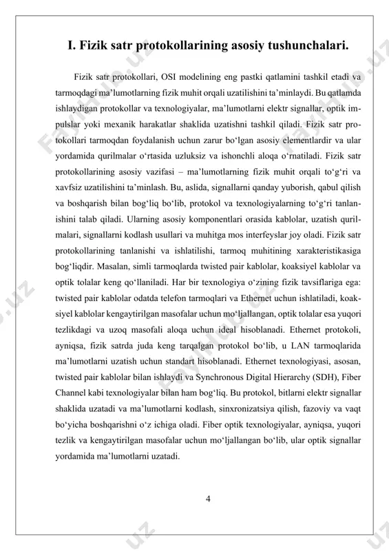 amonaviy tarmoqlarda ethernet, fiber optik va simsiz texnologiyalar eng keng tarqalgan bo‘lib, ular yordamida yuqori tezlikdagi va keng qamrovli tarmoq infratuzilmasi shakllantiriladi. bu texnologiyalar, shuningdek, yuqori xavfsizlik va shovqinga chidamlilik kabi muhim xususiyatlarga ega bo‘lib, ular tarmoqning uzluksiz va samarali ishlashini ta’minlaydi. shu bilan birga, yangi texnologiyalar, masalan, 5g va yuqori tezlikdagi optik tarmoqlar, fizik satr protokollarining rivojlanishida muhim rol o‘ynamoqda va kelajakda yanada yuqori tezlik va ishonchlilikni ta’minlash uchun ishlanmoqda. ii. fizik satrda texnologiyalar va amaliy qo'llanmalar. fizik satr protokollari osi modelining eng pastki qatlamiga, ya’ni fizik qatlamga taalluqlidir. bu qatlamning asosiy vazifasi, tarmoq qurilmalari orasida ma’lumotlarni fizik jihatdan uzatishni ta’minlashdir. fizik qatlam, shuningdek, fizik muhit bilan to'g'ridan-to'g'ri ishlashni ta'minlaydi va signallarni elektr, optik yoki mexanik shaklida uzatadi. bu qatlamda ishlatiladigan protokollar va texnologiyalar, asosan, ma’lumotlarning uzatilishi uchun fiziki shart-sharoitlarni belgilaydi va ularning ishonchliligini ta’minlaydi. fizik qatlamda ishlatiladigan texnologiyalar va protokollar, avvalo, kablolar, ulanish arayuzlari va signallarni boshqarish bilan …