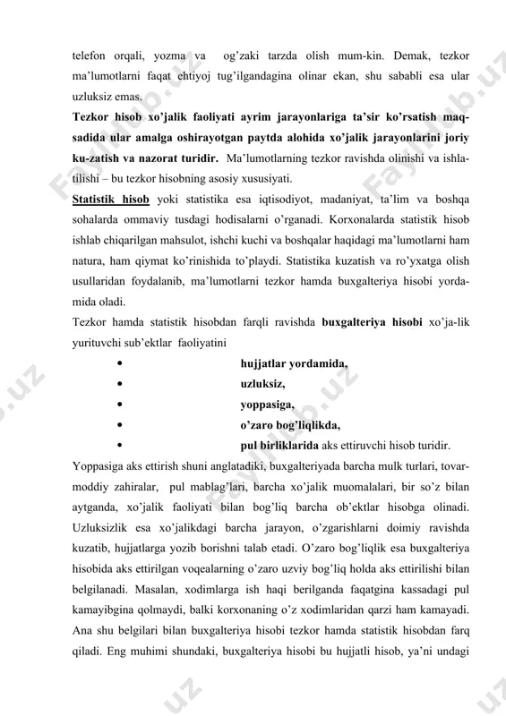 ikda qo’l-lash darkor. bunda ularning to’liqligini, o’z vaqtidaligini va ishonchliligini ta’minlash lozim. buxgalteriya hisobi nima? degan savolga javob berish uchun yuqoridagi ta’rif etarli emas deb o’ylaymiz. buxgalteriya hisobiga turli nuqtai nazardan bir necha xil ta’rifni berish mumkin. birinchi ta’rifni yuqorida keltirdik. ikkinchi ta’rif bo’yicha esa buxgalteriya hisobi xo’jalik faoliyatini boshqarishning funktsiyalaridan biri deb,uchinchi ta’rifni maxsus bilimlar tizimi, ya’ni fan deb, to’rtinchi ta’rifni esa korxonalar xo’jalik faoliyatini tavsiflovchi axborotlar tizimi deb berish mumkin. haqiqatan, buxgalteriya hisobi korxonalarni boshqarishdagi rejalash-tirish, tashkil qilish, nazorat va tahlil kabi fuktsiyalardan biridir. uning ma’-lumotlari asosan nazorat va tahlil uchun xizmat qiladi, ularning natijalaridan esa korxonani rejalashtirish va uning istiqbolini belgilash uchun foydalanila-di.demak,u hozirgi kunda eng muhim boshqaruv funktsiyalaridan biri ekan. shuning uchun ham u eng kerakli va nufuzli kasb hisoblanadi. fan sifatida esa buxgalteriya hisobi xo’jalik yurituvchi sub’ektlar fao-liyatini hisobga olish usullari, asoslari va yo’llari hamda qoidalari bilan ta-nishtiruvchi bilimlar tizimi sifatida yuzaga chiqadi va o’z …