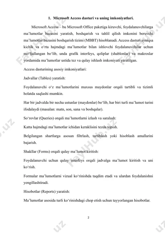 imkoniyatlari: jadvallar (tables) yaratish: foydalanuvchi o‘z ma’lumotlarini maxsus maydonlar orqali tartibli va tizimli holatda saqlashi mumkin. har bir jadvalda bir necha ustunlar (maydonlar) bo‘lib, har biri turli ma’lumot turini ifodalaydi (masalan: matn, son, sana va boshqalar). so‘rovlar (queries) orqali ma’lumotlarni izlash va saralash: katta hajmdagi ma’lumotlar ichidan keraklisini tezda topish. belgilangan shartlarga asosan filtrlash, tartiblash yoki hisoblash amallarini bajarish. shakllar (forms) orqali qulay ma’lumot kiritish: foydalanuvchi uchun qulay interfeys orqali jadvalga ma’lumot kiritish va uni ko‘rish. formalar ma’lumotlarni vizual ko‘rinishda taqdim etadi va ulardan foydalanishni yengillashtiradi. hisobotlar (reports) yaratish: ma’lumotlar asosida turli ko‘rinishdagi chop etish uchun tayyorlangan hisobotlar. hisobotlar ish yuritish, taqdimot yoki tahlil uchun kerakli bo‘lgan tartibda yaratiladi. ma’lumotlar orasida bog‘lanishlar o‘rnatish: access dasturi turli jadvallar o‘rtasida birga-bir, birga-ko‘p kabi aloqalarni o‘rnatishga imkon beradi. bu esa ma’lumotlarni takrorlanmasdan, optimallashtirilgan holatda saqlashga yordam beradi. makroslar va vba yordamida avtomatlashtirish: takroriy harakatlarni avtomatlashtirish uchun makroslar ishlatiladi. murakkab tizimlar uchun visual basic …