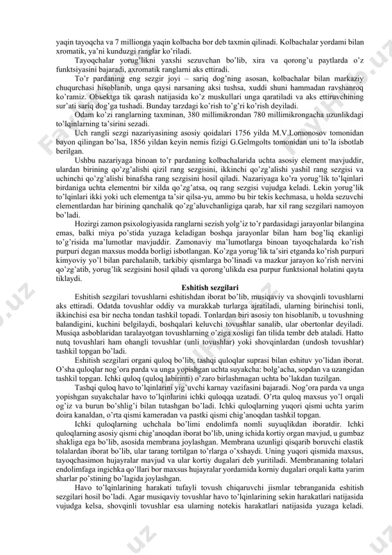 ing gemostazi (barqarorligi) deb ataladi. shuningdek, mazkur sezgilar insonda yuzaga keladigan pulьs, zo’riqish, affekt holatlarini yo’qotish, tug’ilib kelayotgan mayllarni qondirish bilan bog’liq vazifani bajaradi. natijada ichki tana a’zolarining faoliyatini izdan chiqarish holati yuz berishi mumkin. interoretseptiv sezgilarning fiziologik mexanizmlari interotseptsiya bilan birgalikda k.m.bikov, v.n. chernigovkiylar tomonidan atroflicha o’rganilgan. ularning fikriga ko’ra, bu narsalarning barchasi shartli reflektor faoliyati mexanizmlaridan kelib chiqqadi propriotseptiv sezgilar gavdaning fazodagi holati to’g’risida signallar bilan ta’minlab turadi. ular inson harakatining boshqaruvchisi hisoblanib va afferent asosini tashkil qiladi. pereferik retseptorlar muskullar, pay va bo’g’imlarda joylashgan bo’lib, maxsus tanachalar shakliga ega va ular puchchini tanachalari deb ataladi. tanachalarda vujudga keluvchi qo’zg’atuvchilar muskullarning harakatlashuvi natijasida va bo’g’imlar holatining o’zgarishi, nerv tolalari yordamida, orqa miyaning orqa ustunidagi oq suyuqligiga yetkaziladi. qo’zg’ovchilar burdax va goll yadrosining quyi bo’limlariga yetib keladi va undan po’stosti tugunchalaridan o’tib, bosh miya katta yarim sharining qorong’ulashgan zonasida harakatlarini yakunlaydilar. proprioretseptorlar harakatning afferent asosi ekanligini a.orbeli tomonidan, hayvonlarda …