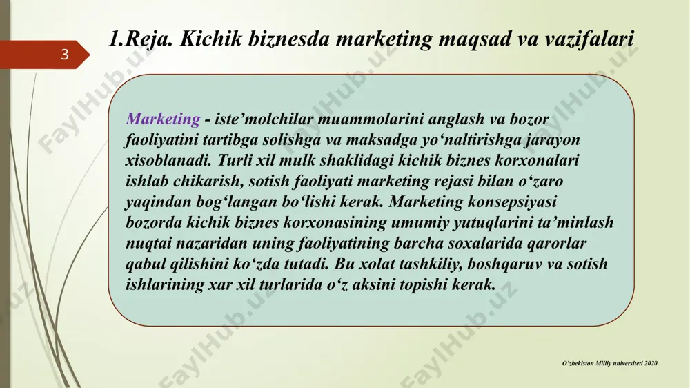 eting elementlari bo'yicha muayyan strategiyalarni bayon qilishi lozim. o’zbekiston milliy universiteti 2020 10 marketing strategiyasini belgilab olishda quyidagi masalalar o'rganilishi lozim: o’zbekiston milliy universiteti 2020 11 1. ichki va tashqi bozorlarda tovar mahsulotlarning taqsimlanish shakli, hamda sotuv tizimini o'rganish. sotuv narxi, narxni shakllantirish tizimi o'rganiladi. bunda raqobatchilik munosabatlari to'liq o'rganilishi kerak. reklama bo'yicha kerakli tadbirlar ishlab chiqiladi, ularning xarajatlari hisoblab topiladi. tovar mahsulotlarni sotishga ko'maklashadigan chora – tadbirlar tizimi joriy etiladi (public relations). mahsulot to'g'risida jamoatchilik va iste'molchilarning fikrini shakllantirish (imidj). mahsulotlarni sotish qanday amalga oshiriladi (tayyorlov tashkilotlari orqali ) 3.reja. bozorni baholash va iste'molchilik talabini o'rganish tovar sotuvchi korxona, firma yoki tadbirkorning ichki va tashqi bozordagi harakatida quyidagi ko'rsatkichlar taxlil qilinadi: o’zbekiston milliy universiteti 2020 12 mahsulotning tavsifi sotuv bozori . marketing strategiyasi bozorni va sotuvni tadqiq qilish. u korxonaning kelgusi faoliyatini belgilash uchun bozor sharoitlari to'g'risida ma'lumotlar olish maqsadida amalga oshiriladi. bozorni va sotuvni tadqiq qilishning asosiy yo'nalishlari …