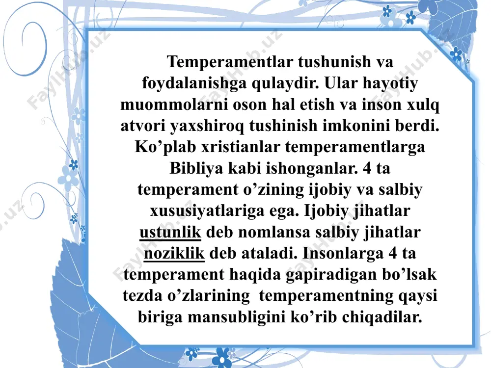 asosiy kategoriyaga ajratadi: umumiy xususiyatlar – bu xususiyatlar dunyo aholisining katta qismida va ko’plab guruhlarda tarqalgan. masalan, insoflilik, agressivlik, hamkorlik. noyob xususiyatlar – bu xususiyatlarga ma’lum bir shaxslar ega bo’lishadi. yuqori turuvchi xususiyatlar – bu xususiyatlar shaxslarning boshqa shaxlardan ustun turuvchi xususiyatlardir. ular inson xulq-atvoridan kelib chiqadi. masalan, bilimga bo’lgan intiluvchanlik, vijdoniylik, ishonchlilik. fundamental xususiyatlar – bu inson xulq-atvorini belgilovchi asosiy xususiyatlardir. ayzenkning shaxs xususiyatlari klassifikatsiyasi ham muhim ahamiyatga ega. birinchi guruhning o’zi 3 qismdan iborat. bu insonning o’z-o’zini boshqarish darajasini belgilovchi omillardir: nevrotik – o’z-o’zini boshqara olmaydigan, kayfiyati tez o’zgaruvchan doimo havotirda yuradigan. xissiy barqaror – sokin, ishonchli. ikkinchi guruh, ekstravertsiya intravertsiyani belgilab beradi: ekstravertlar odatda aktiv, sahiy va atrofdagi xodisalarga nisbatan impulsive bo’lishadi. intravertlar esa, passiv, sokin va ba’zan atrofdagi xodisalarga nisbatan etiborsiz bo’lishadi. uchinnchi guruh, psixopotoligiyaga bag’ishlanadi. bunga biz insonning boshqalar bilan qiladigan xulq-atvor munosabatlarini, insonning o’zgaruvchanligini va shaxs psixikasidagi og’ishlarni o’z ichiga oladi. bugungi kunda shaxs …