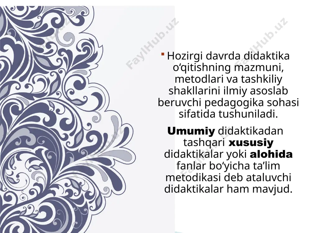 asi mavjud. ta’lim + tarbiya = rivojlantirish 26 27 didaktika pedagogika fanlari sirasiga kirgani uchun ham ta’lim sohasini tadqiq etishda pedagogik ilmiy – tekshirish metodlaridan foydalaniladi. 1. kuzatish . 2. ilg’or pedagogik tajribani o’rganish va umumlashtirish. 3. didaktik eksprement. 4. hujjat va arxiv materialllarini tekshirish. 5. suhbat va anketa. 28 29 30 maktab ta’limining mazmuni deganda, o’quvchilarning o’qish jarayonida barcha o’rganiladigan fanlardan egallab olishi lozim bo’lgan hamda tizimga solingan bilimlar, ko’nikmalar va dunyoqarashlarning aniq belgilangan doirasi tushuniladi. bu jarayon maktab o’quv rejasida ko’rsatilgan har bir o’quv dasturida asoslangan barcha o’rganiladigan fanlari asoslari asosida tarkib topadi. 31 ta’limning mazmuni bir qator ehtiyojlarni hisobga olish bilan belgilanadi: a) ijtimoiy ishlab chiqarishning eng zarur ehtiyojlari ijtimoiy tuzumning xususiyatlari, yo’nalishlari; b) davlatning xalq ta’limi va muayyan turdagi o’quv yurti oldiga qo’yadigan maqsad va vazifalari; c) o’qitish qoidalaridan kelib chiqadigan va o’quvchilarining imkoniyatlarini (yosh imkoniyatlari, rivojlinish darajasi, tarbiyalanganligi va boshqalar) e’tiborga oluvchi didaktik talablar. maktablarda …