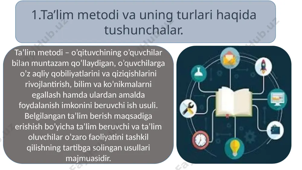 ydalanilsa, u holda o‘quv qo‘llanmalari, darsliklar va ta’limning texnik vositalaridan foydalaniladi. aynan ta’limning aktiv-texnik vositalari amaliy metodlarda foydalaniladi. ta’lim vositalari tasnifi aniq va yagona bo‘lishi mumkin emas. ta’lim vositasining ahamiyatli tomoni ularning birgalikda qo‘llanilishidir va hech qachon bir-birini inkor etmaydi. q‘qituvchining vazifasi - dars jarayonini faollishtirish uchun ta’limning samarali vositasini tanlab olishdir. ta’lim vositalarini tasniflashda turli asoslarga ko‘ra yondashish mumkin: - faoliyat subyektiga ko‘ra; - faoliyat obyektiga ko‘ra; - o‘quv axborotiga munosabatiga ko‘ra; - o‘quv jarayonidagi vazifasiga ko‘ra. ta’lim metodining o‘qituvchi tomonidan to‘g‘ri tanlanishi, dars jarayonida turli vositalar yordamida mavzuning tushuntirilishi ta’lim sifatining oshishiga yordam beradi. yuqorida ko‘p bora ta’kidlab o‘tilganidek, ta’lim metodlarini malakali o‘qituvchining usuli bilan birlashishi natijasida fanning va o‘rganilayotgan mavzuning mazmuni va o‘ziga xosliklari to‘liq ochib beriladi. bu esa o‘quvchilarning fan yuzasidan bilim, ko‘nikma, malaka kompitensiyalarining shakllanishi va rivojlanishiga asosiy vazifasini o‘taydi e'tiboringiz uchun rahmat! image1.jpeg image2.png image3.png image4.png image5.png image6.png image7.png image8.png image9.png image10.png image11.png image12.png …