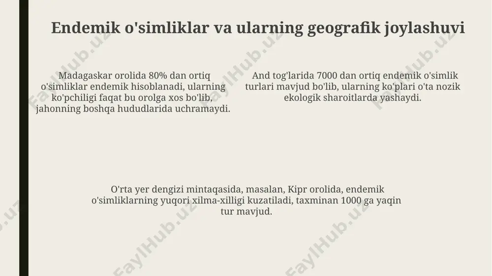 g buzilishiga sabab boʻlgan invaziv tur sifatida tarqalgan. oʻrta osiyo hududida paxta yetishtirishning kengayishi tufayli, 20-asr davomida 100 ming gektardan ortiq yer maydoni tabiiy oʻsimliklar qoplami oʻrniga paxta dalalariga aylantirilgan. amazon o'rmonlarining kesilishi natijasida 20% dan ortiq biologik xilma-xillik yo'qolgan, bu esa 5000 dan ortiq o'simlik turining yo'qolib ketishi xavfini tug'dirmoqda. o'simliklarning iqlim o'zgarishiga javobi shimoliy amerikadagi cho'llar, 5°c harorat oshishi bilan, o'simliklarning fotosintez jarayonini 20% ga kamaytirib, suv tanqisligiga olib keladi va 10 yil ichida tur turlarini yo'qolishiga olib kelishi mumkin. markaziy osiyo mintaqasida, masalan, qirg'izistonning tog'li hududlarida, o'simliklarning 15% dan ortig'i haroratning oshishi va yog'ingarchilikning kamayishi tufayli yo'qolib ketish xavfi ostida. o'simliklarning 30% ga yaqini, ayniqsa, tropik mintaqalardagi o'rmonlarda, iqlim o'zgarishlariga juda sezgir bo'lib, 2100-yilga kelib, ularning tarqalish maydoni 10% ga qisqarishi mumkin. o'simliklarning geografik tadqiqot usullari o'simliklarning geografik tarqalishini o'rganishda 1000 dan ortiq o'simlik turlarini o'z ichiga olgan floristik tadqiqotlar, masalan, o'zbekistonning tog'li hududlarida, balandlik zonalari bo'yicha …