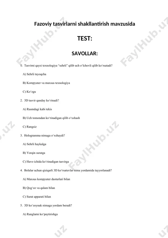 giya b) oddiy surat texnikasi c) yorug‘lik texnikasi 15. fazoviy tasvirlar qaysi o‘yinlar uchun foydalidir? a) ranglarni moslashtiradigan o‘yinlar c) raqamlarni tanlash o‘yinlari c) jonli harakatli o‘yinlar 16. maxsus nur yordamida tasvir qanday shakllanadi? a) uzoqlashadi b) uch o‘lchamli bo‘ladi c) yorqin bo‘lib qoladi 17. 3d texnologiya yordamida nimalarni yaratish mumkin? a) harakatlanuvchi va haqiqiy narsalar b) oddiy suratlar c) rangli soyalar 18. virtual tasvirlar bolalar uchun qanday foyda beradi? a) raqamlarni o‘rgatadi b) jonli va interaktiv bo‘lib, dunyoni o‘rganishga yordam beradi c) faqat o‘yin uchun ishlatiladi 19. 3d dunyo qanday ko‘rinadi? a) haqiqiy dunyoga o‘xshaydi b) rang barang chizmalar kabi c) faqat qog‘ozdagi suratlar kabi 20. fazoviy tasvirlar bilan ishlaydigan moslama nima deb ataladi? a) fotoapparat b) oddiy chiroq c) 3d printer javoblar: 1.b 2.b 3.c 4.a 5.b 6.b 7.c 8.b 9.a 10.a 11.b 12.a 13.b 14.b 15.c 16.b 17.a 18.b 19.a 20.c image1.jpeg n izomiy nomidagi ped agogika …