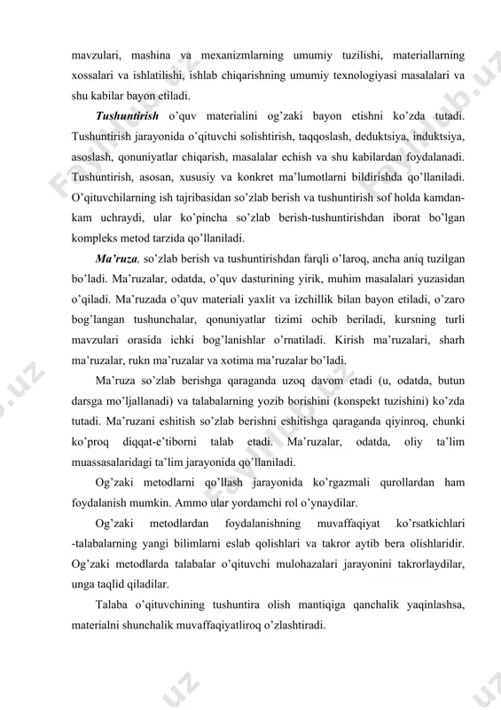 i tikishga mo’ljallanganligini va buning uchun kiyim materialiga mos ravishda ip va ignalar tanlanishi tartibini bilmasa, shu ishlarni bajarishdagi harakatlarni shakllantirish qiyin bo’ladi. ikkinchi shart-mashqlarning tizimli bo’lishi. odatda, ko’nikmalarni egallashdagi kamchiliklarga o’quv mashqlari tizimini tashkil etish va o’tkazishdagi kamchiliklar sabab bo’ladi, ya’ni mashqlarni o’tkazish uchun kerakli vositalar bilan ta’minlanmaganligi. uchinchi shart-amaliy harakatlarni anglagan holda bajarish. talabalar harakatlarning muayyan fikriy rejasiga asoslanishlari, ish jarayonlarining izchilligini yaxshi tushunishlari zarur. ularni mexanik tarzda takrorlashga va yodlab olishga yo’l qo’ymaslik kerak. to’rtinchi shart-dastlabki amaliy harakatlar va jarayonlarga puxta tayyorlanish. ular ongli ravishda reja asosida bajarilsa, ko’nikma tezroq, muvaffaqiyatliroq shakllanadi. buning uchun talabalar nazariy bilimlarni yaxshi egallashlari kerak. beshinchi shart-mashqlarni mustaqil bajarish va o’zini o’zi nazorat qilish. talaba ko’nikmani mustaqil bajara boshlaganida u o’z harakatlarini nazorat qiladi. o’qituvchi talabaga o’z-o’zini nazorat qilish usullarini o’rgatishi zarur. masalan, talaba kiyimni bironta detaliga bezak berish jarayonini amaliy o’rgangandan keyin, uyda o’zi mustaqil ravishda bajarishga va baho berishga o’rganadi. …