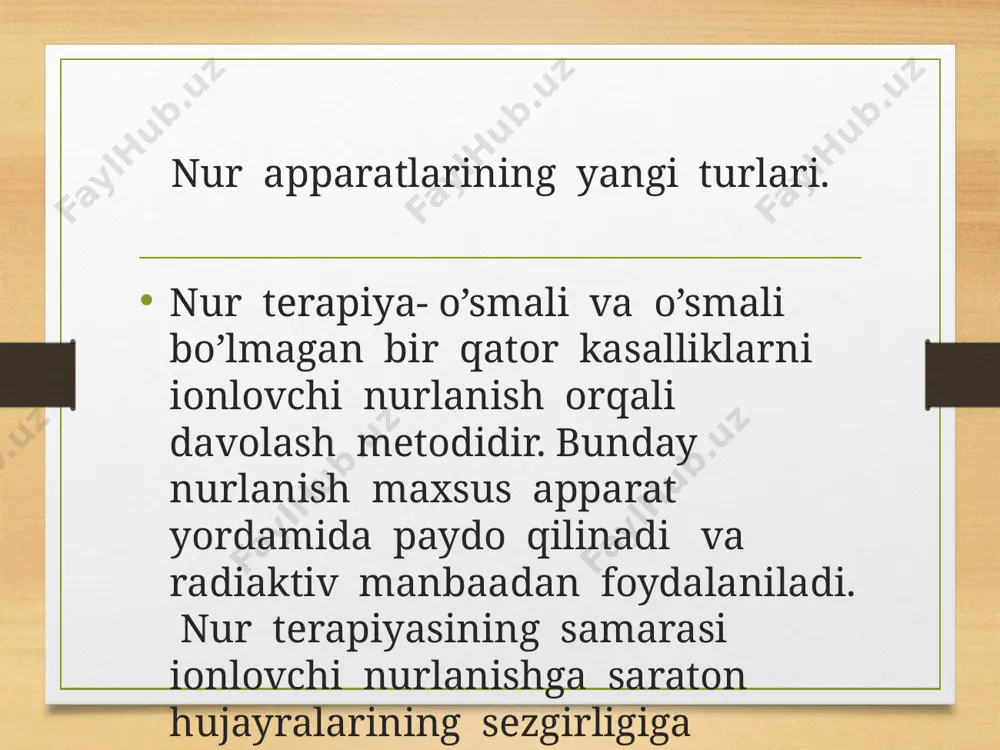 fida) qo’llaniladi yoki palliativ nur terapiyada qo’llanilishi mumkin. qo’shilib kelgan nur terapiya- radioterapiyaning turi bo’lib, nurlanishning distansion hamda kontakt(braxiterapiya) metodlari turli ketma-ketlikda foydalaniladi. konform nur terapiya- nur terapiyaning metodi bo’lib, ko’rsatilgan doza to’g’ri belgilangan nurlanish hajmiga binoan, bemor tanasida joylashishiga va konfiguratsiyasiga qaramasdan nurlanish yetkaziladi. nur terapiyasini qo’llash quyidagi omillarga asoslangan: 1) ionlovchi nurlanishning biologik ta’siri yani ularning to’qimalarda a’zo va organizmga funksional va anotamik o’zgarishlarini chaqirish xususiyati-to’qima va hujayralar o’sishining to’xtashi va nurlantirilgan to’qima elementlarining halok bo’lishi yuzaga keladi. 2) patologik o’zgargan to’qimalarning nurlantirishga ta’sirining yuqori sezuvchanligi 3) organizmning uning a’zolarini va to’qimalarini javob reaksiyasi. zararlanishning kuchsiz darajasi- qaytar jarayon bo’lib, nurlantirilgan to’qimaning javob reaksiyasi nafaqat u yoki bu funksiyaning kuchsizlanishi kompensatsiyasi , balki funksiyaning kuchayishi bilan ifodalanadi. nurlantiriluvchi a’zoga nisatan nurlantirish manbaasi joylashishiga qarab tashqi va ichki nurlanishga bo’linadi. nur terapiyasining asosiy maqsadi o’smaga maksimal ziyon keltirish va bunda atrofdagi normal xujayralarga minimal ta’sir etish xisoblanadi. bunga o’sma …