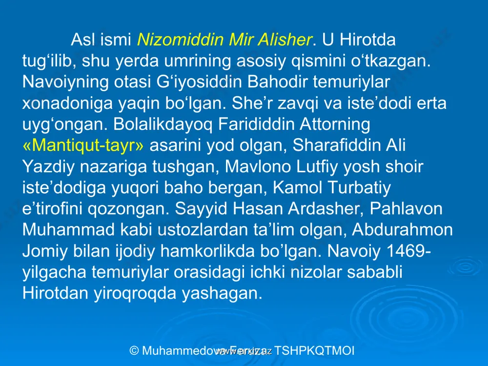 ww.arxiv.uz www.arxiv.uz 1) alisher navoiyning tavallud va vafot sanalari to’g’ri berilgan qatorni toping? a) 1468-1525 b) 1441-1501 d) 1441-1504 e) 1398-1495 © muhammedova feruza. tshpkqtmoi www.arxiv.uz www.arxiv.uz 2) alisher navoiy tug’ilib ijod qilgan shahar qaysi? a) samarqand b) buxoro d) astrobod e) hirot © muhammedova feruza. tshpkqtmoi www.arxiv.uz www.arxiv.uz 3) navoiyning ijod qilgan sohalarni sanab bering. tilshunos davlat arbobi tarixchi va iqtisodchi dinshunos shoir adabiyotshunos ko’p tilli ijodkor © muhammedova feruza. tshpkqtmoi www.arxiv.uz www.arxiv.uz 4) “xamsa” tarkibiga kiruvchi dostonlarni sanab bering. “hayratul-abror” “farhod va shirin” “layli va majnun” “sab’ai sayyor” “saddi iskandariy” © muhammedova feruza. tshpkqtmoi www.arxiv.uz www.arxiv.uz e’tiboringiz uchun rahmat © muhammedova feruza. tshpkqtmoi www.arxiv.uz www.arxiv.uz