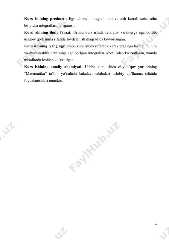 ib chiqadi. bu munosabat qoshiluvchilar soni har qancha bo’lganda ham o’rinlidir. l egri chiziq yopiq bo’ganda ham egri chiziqli integralning tarifi o’z kuchini saqlashini ko’ramiz. bu holda egri chiziqning boshlang’ich va oxirgi nuqtalari ustma-ust tushadi. shuning uchun biz egri chiziq yopiq bo’lganda ko’rinishida yoza olamiz, bunda l yopiq egri chiziq bo’yicha yurish yo’nalishini ko’rsatish bilan ko’rinishida yozishimiz mumkin. l yopiq kontur bo’yicha olingan egri chiziqli integralni belgilash uchun ko’pincha simvoli ham ishlatiladi. izoh. biz egri chiziqli lyo’l bo’yicha f kuchnining bajaradigan ishi haqidagi masalani qarash bilan egri chiziqli integral tushunchasini hosil qildik. bu holda f kuch l egri chiziqning hamma nuqtalarda bu kuch qo’yilgan (x,y) nuqta kordinatalarining f vektor funksiyasi sifatda berilgan; f o’zgaruvchi vektorning koordinata o’qlardagi proeksiyalari x(x,y) va y(x,y) skalyar(ya’ni sonli) funksiyalarga teng. shuning uchun ko’rinishidagi egri chiziqli integralni x va y proeksiyalari bilan berilgan f vektor funksiyaning integrali simvol bilan belgilanadi. agar f vektor o’zining x,y,z proeksiyalari …