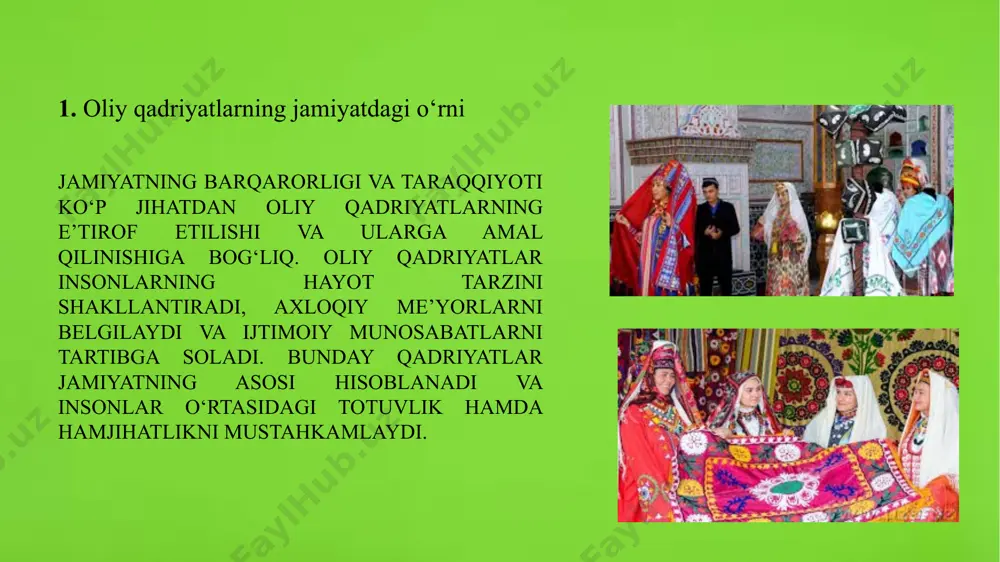 uhit shakllanadi. rahbar va xodimlar o‘rtasidagi o‘zaro hurmat esa korxona va tashkilotlarning taraqqiy etishiga xizmat qiladi. o‘zaro hurmat va mehr-oqibat shaxsiy hayotda ham, jamiyat hayotida ham insonni komillikka yetaklaydi. bu qadriyatlar oilaviy tarbiyada, ta’lim muassasalarida va ijtimoiy hayotda muntazam targ‘ib etilishi kerak. mehr-oqibatli va hurmatga asoslangan jamiyat doimo taraqqiy etadi, unda odamlar bir-biriga yordam qo‘lini cho‘zadi, tushunish va hamdardlik bilan yondashadi. 8 3. halollik va mehnatsevarlikning inson hayotidagi roli halollik – bu nafaqat moddiy manfaatlarga halol munosabatda bo‘lish, balki fikr va amalda ham pok bo‘lish demakdir. halol inson hech qachon o‘zganing haqini yemaydi, yolg‘on gapirmaydi va hech kimga zulm qilmaydi. u o‘z mehnati, aqli va qobiliyati bilan rizq topadi, harom yo‘llarga kirmaydi. bunday kishilar jamiyatda hurmatga sazovor bo‘ladi, ularga ishonch bildirilib, obro‘-e’tibor beriladi. halol inson atrofdagilarga ham yaxshi namuna bo‘lib xizmat qiladi. mehnatsevarlik esa insonning muvaffaqiyat sari intilishiga, harakat qilishiga sabab bo‘ladigan asosiy omillardan biridir. hech bir yutuq va muvaffaqiyat …