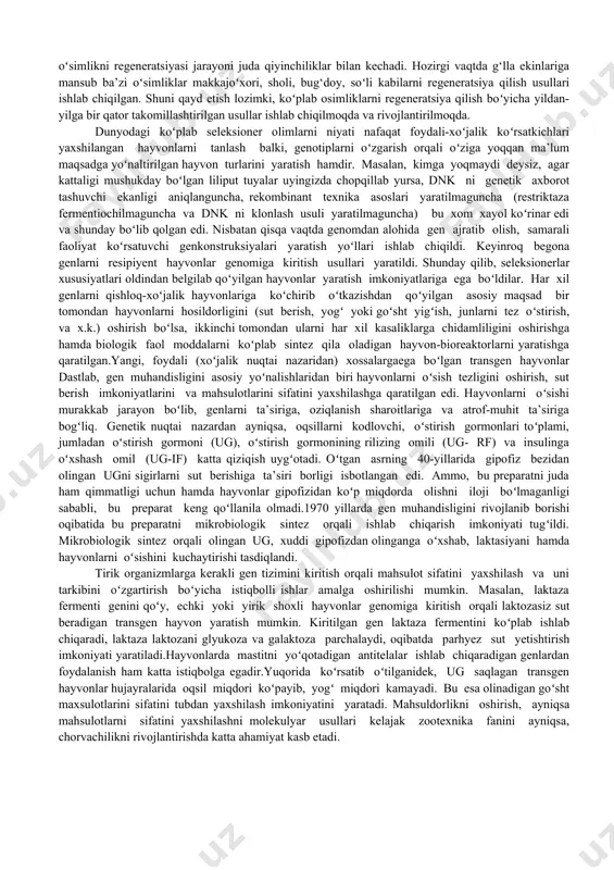 blanadi. retsipient oʻsimlik genotipini tanlash. retsipient sifatida ishlab chiqarish amaliyoti talablariga hosildorligi, urug‘-meva sifati, biotic va abiotik streslarga javob beradiggan, lekin faqat birgina salbiiy belgi, masalan zararkunanda hashorotlarga chidamsiz nav yoki liniyalar tanlab olinadi. bunday oʻsimliiklar genomiga hashorotlarnni nobud qiluvchi protoksin oqsili ekspressiyasini ta’minlovchi bt2 bateriya genini kiritish tanlab olingan navda hosildorlikni sezilarli oshishiga sabab boʻladi. shuningdek, retsipient oʻsimlik genotipini tanlashda hujayralarning yaxlit ( fertile ) yetuk oʻsimlikka qarab regeneratsiya qilish xususiyatini ham inobatga olinadi, chunki bu belgi genotipga ham bir qadar bog‘liqdir. genni kiritish va uning retsipient oʻsimlik genomidagi ekspressiyasi. oʻsimliklar genomiga begona genlarni koʻchirib oʻtkazish muammosi begona genlarni ikki pallali va ba’zi bir pallali oʻsimliklar genomiga koʻchirib oʻtkazish imkonini beruuvchi tuproq agrobakteriyalari agrobakterium tumefacient tarkibidagi ti-plazmidlarning aniqlanishi bilan birmuncha yengillashdi soʻngi vaqtlarda oʻsimlik hujayralari transformatsiyasida bioballistik transformatsiya usuli, ayniqsa bir pallali oʻsimliklar uchun keng qoʻllanilmoqda. begona genni retsipient oʻsimlik genomiga ekspressiyasini amalgam oshirish va avlodlarga berishning nasldan-naslga turg‘un …