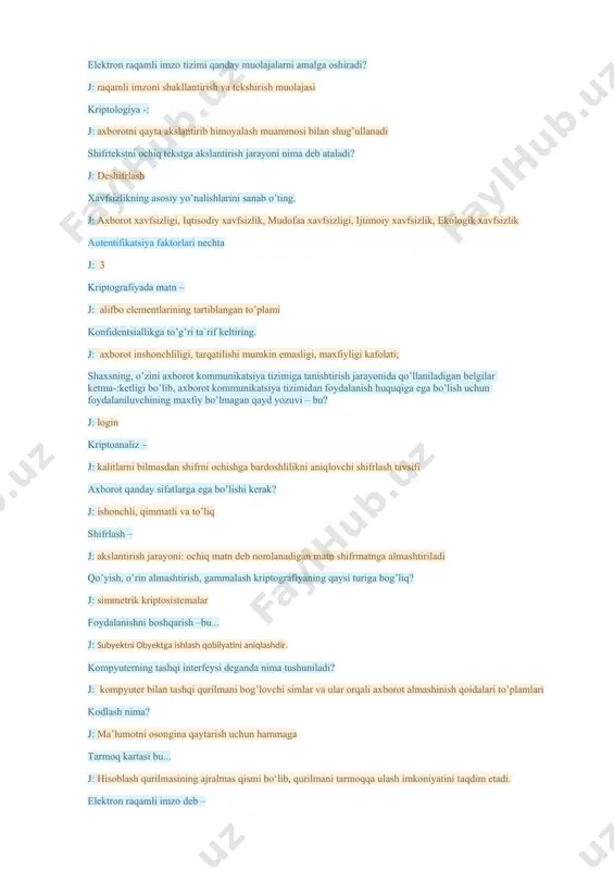 chta j: 3 kriptografiyada matn – j: alifbo elementlarining tartiblangan to’plami konfidentsiallikga to’g’ri ta`rif keltiring. j: axborot inshonchliligi, tarqatilishi mumkin emasligi, maxfiyligi kafolati; shaxsning, o’zini axborot kommunikatsiya tizimiga tanishtirish jarayonida qo’llaniladigan belgilar ketma-:ketligi bo’lib, axborot kommunikatsiya tizimidan foydalanish huquqiga ega bo’lish uchun foydalaniluvchining maxfiy bo’lmagan qayd yozuvi – bu? j: login kriptoanaliz – j: kalitlarni bilmasdan shifrni ochishga bardoshlilikni aniqlovchi shifrlash tavsifi axborot qanday sifatlarga ega bo’lishi kerak? j: ishonchli, qimmatli va to’liq shifrlash – j: akslantirish jarayoni: ochiq matn deb nomlanadigan matn shifrmatnga almashtiriladi qo’yish, o’rin almashtirish, gammalash kriptografiyaning qaysi turiga bog’liq? j: simmetrik kriptosistemalar foydalanishni boshqarish –bu... j: subyektni obyektga ishlash qobilyatini aniqlashdir. kompyuterning tashqi interfeysi deganda nima tushuniladi? j: kompyuter bilan tashqi qurilmani bog’lovchi simlar va ular orqali axborot almashinish qoidalari to’plamlari kodlash nima? j: ma’lumotni osongina qaytarish uchun hammaga tarmoq kartasi bu... j: hisoblash qurilmasining ajralmas qismi bo‘lib, qurilmani tarmoqqa ulash imkoniyatini taqdim etadi. elektron raqamli …