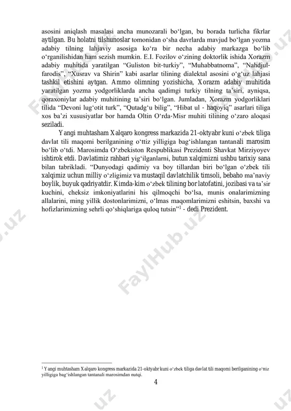 bagʻishlangan tantanali marosimdan nutqi. 5 i – bob. o‘zbek adabiy tilining yuzaga kelishi va yuksaluvi 1.1 ilk va o‘rta asrlarda markaziy osiyodagi til vaziyati vi–viii asrlarda bir chegarasi oltoydan tortib markiziy mo‘g‘ulistonga qadar, ikkinchi yog‘i sharqiy turkistondan tortib kaspiyga qadar ulkan hududda amal qilgan birinchi va ikkinchi ko‘k turk xoqonliqlarining rasmiy tili turkiy til edi. saltanatning davlat va jamiyat boshqaruvi, xalqaro diplomatik munosabatlari, rasmiy yozishmalar turkiy tilda olib borilgan. rasman ko‘k turk yozuvi amalda bo‘lgan. badiiy adabiyot, ilmiy va tarixiy asarlar, xonlarning tuzuklari, yorliqlari va chet ellar bilan yozishmalari turk tilida va ko‘k turk yozuvida bitilgan. hatto turkiy til buyuk ipak yo‘li bo‘ylab xalqaro til sifatida amal qilgan. ko‘k turk xoqonliqlari keyinchalik uning o‘rnida yuzaga kelgan uyg‘ur xoqonlig‘i zamonida markaziy osiyoda, ayniqsa buyuk ipak yo‘lida keng yoyilgan sug‘d tiliga, o‘rni bilan tabg‘ach (xitoy) tiliga ham e’tibor qaratilgan. masalan, monumental matnlar bitishda, turkiy til bilan barobar, sug‘d, ba’zan tabg‘ach tillaridan ham …