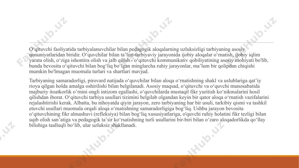 shundan iboratki, o'quvchilar o'z xatti-harakati va muomalasi jarayonida o'zi ko'rgan, kattalar bajargan harakatlarni takrorlashga intiladi. taqlid qilishning yana bir xususiyati o'quvchi badiiy asarlarda o'qigan, kinofilmlarda ko'rgan sevimli idealidagi qahramon obraziga, xarakteriga, jasoratiga, imo-ishora, nutq, kiyinish uslublariga beixtiyor taqlid qiladi, o'z faoliyatida takrorlaydi. o’qituvchining kommunikativ malakasi kommunikatsiya – o‘zaro hamfikrlilikka boshlovchi, ikki tomonlama axborot almashinuvi jarayoni. bugungi kunda mustaqil respublikamiz dunyo hamjamiyati tomonidan tan olinayotgan ekan, uning kelgusidagi rivoji, gullab-yashnashi bugungi kun yoshlariga bog`liqdir. demak, bugungi yoshlar har tomonlama rivojlangan, o‘ziga, boshqa insonga, jamiyatga, tabiatga va mehnatga o‘z to‘g`ri munosabatini bildira oladigan, mustaqil faoliyat ko‘rsata oladigan, ijodkor, tashabbuskor va tadbirkor bo‘lmog`i lozim. o‘quvchida ana shu xususiyatlarning rivojlanishi so‘zsiz o‘qituvchiga, uning o‘quv-tarbiya jarayonini to‘g`ri boshqara olishiga va o‘quvchilar bilan o‘rnata oladigan muomala va munosabatlariga bog`liq. kоmmunikаtiv qоbiliyat – bu pеdаgоgik o’zаrо hаrаkаt sоhаsidа mахsus ko’rinishgа egа bo’lgаn mulоqоtgа qоbiliyatlilikdir. psiхоlоgik аdаbiyotlаrdа kоmmunikаtiv qоbiliyatlаrning bir qаnchа turlаri аjrаtib ko’rsаtilаdi: 1) insоnning insоnni tushunа …