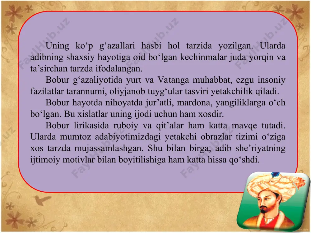 larda og‘zaki nutqqa juda yaqin bo‘lgan ohanglar sezilib turadi. asru ko‘p emish jur’at-u himmat sizga, ro‘zi qilg‘ay xudoy nusrat sizga. mardonalig‘ingizni bori el bildi, rahmat sizga, hazor rahmat sizga. ruboiylarning katta qismi o‘zida boburning hayotiy tajribalari davomida to‘plangan haqiqatlarni mujassam etgan. tuz oh, zahiriddin muhammad bobur, yuz oh, zahiriddin muhammad bobur. sarrishtayi ayshdin ko‘ngulni zinhor uz, oh, zahiriddin muhamrnad bobur. bobur o‘zbek tilidagi so‘zlardan juda o‘rinli hamda unumli foydalanadi. ularning kuchi va qudratini, ichki imkoniyatlarini, tarovatini chuqur his qiladi. yuqoridagi ruboiy birgina so‘zning o‘zgarishi asosida hosil bo‘lgan. ammo unda boshqa she’rlarda bo‘lgani kabi, ichki bir dard, abgor bo‘lgan ko‘ngil, afsus va nadomatlar ichidagi ruh egasi yorqin tarzda namoyon bo‘ladi. ruboiyda tuz, yuz, uz qofiya vazifasini bajargan. birinchi, ikkinchi hamda to‘rtinchi misralarning qolgan so‘zlari radif vazifasini bajarmoqda: ilmi qofiyada qofiyaning bu shakli bosh qofiya deb yuritiladi. biz qofiyani misra oxirida ko‘rishga ko‘nikib qolganmiz. mazkur misolda esa u misraning boshida turibdi. bunday …