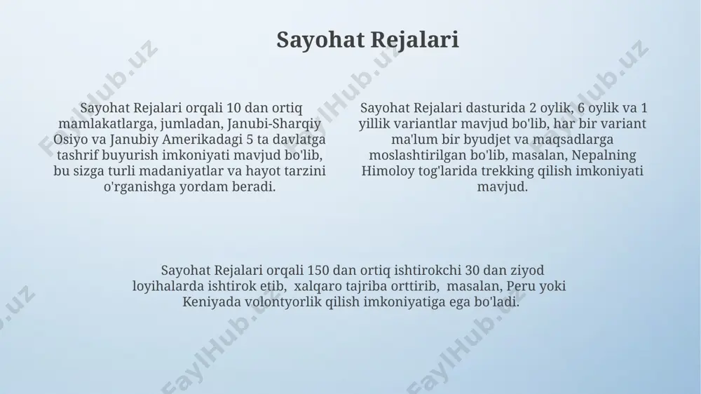 ziyod ishtirokchini o'z ichiga oladi va ularga bali va kosta-rikada ekologik muhofaza loyihalarida qatnashish imkoniyatini beradi. ko'ngillilik dasturlari orqali 20 dan ortiq mamlakatda, jumladan, nepal va ekvador kabi rivojlanayotgan davlatlarda, 3 oylik muddatga 500 dan ortiq loyihada ishtirok etish imkoniyati mavjud. global ko'ngillilik dasturlari doirasida 2 yildan ortiq vaqt davomida 7000 dan ziyod ko'ngilli afrikaning janubiy qismidagi 5 ta davlatda ta'lim va sog'liqni saqlash sohasida faoliyat olib bordi. madaniy boyitish madaniy boyitish dasturi doirasida 20 dan ortiq mamlakatdan 300 dan ziyod talaba oʻzbekistonning tarixiy shaharlari samarqand va buxoroga tashrif buyurdi. madaniy boyitish loyihasi doirasida 50 ga yaqin oʻzbek talabasi 2024-yilda evropa mamlakatlariga, jumladan, germaniya va fransiyaga 3 oylik stajirovka uchun yuborildi. oʻzbekistonning madaniy boyitish dasturi tufayli 1000 dan ortiq yoshlar oʻz mamlakatlari va dunyoning boshqa burchaklaridagi turli madaniyatlar bilan tanishish imkoniyatiga ega boʻlishdi. gap yilidan keyingi rejalar gap yilidan keyin 20 dan ortiq talaba oʻzbekiston davlat jahon tillari universitetiga, 10 …