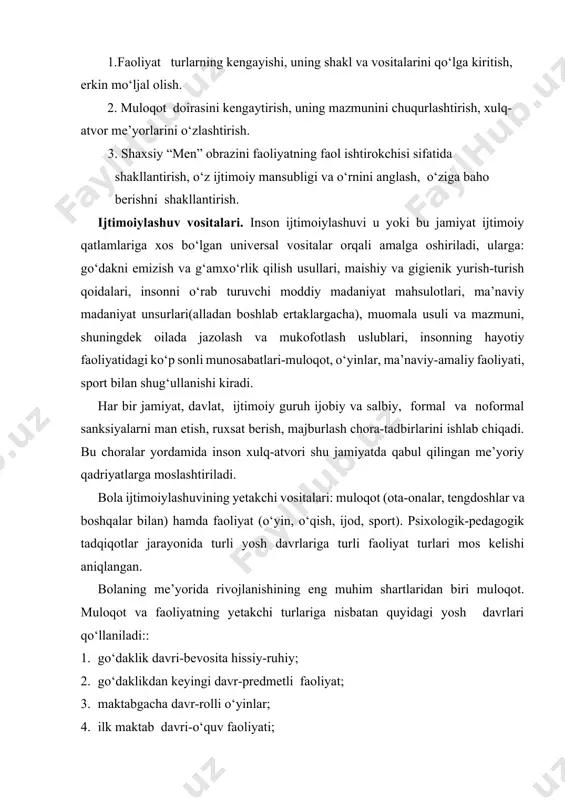 rli bo‘ladi. bolalar va o‘smirlar uchun ota-ona, aka-uka, opa-singillar, qarindoshlari, tengdoshlari, qo‘shnilar agent bo‘lishlari mumkin. yoshlik davriga kelib, agentlar qatoriga turmush o‘rtog‘i, hamkasblari ham qo‘shilishlari mumkin. ijtimoiylashuvdagi tutgan o‘rinlariga, inson uchun qanchalik ahamiyatli ekanligiga qarab agentlar ham farqlanadi: faol ta’sir etuvchi va faol ta’sir ko‘rsatmaydigan. o‘zlashtirishi muhitning salbiy ta’siri oqibatida noto‘g‘ri yo‘nalishda ketib qolishi mumkin. buning natijasida bola me’yoriy ijtimoiy munosabatlardan chetda qolib, maxsus yordamga muhtoj bo‘lib qoladi. bunday bolalarning ijtimoiylashuv jarayoni, avvalo, tarbiya orqali amalga oshadi. biroq buning uchun har bir toifa bolalarning ijobiy jihatlarini faollashtiruvchi tarbiya metodlari va texnologiyalarini ishlab chiqish lozim. umuman olganda, tarbiyachi va mutaxassislarning vazifasi qiyin vaziyatlarda turgan bolaning ijtimoiy moslashuviga qaratilgan, ya’ni jamiyatda qabul qilingan qonun va me’yorlarga faol ko‘nikishi yoki salbiy omillarning oqibatlarini yengishdir. agar shaxsda ijtimoiy muhit solbiy sifatlarining shakllanmagan darajasi bolaga ijtimoiy muhitga ko‘nikishga xalaqit beradigan holat bo‘lsa, bolaning ijtimoiy moslasha olmasligi sodir bo‘ladi. bu holatda bola tomonidan yo‘qotilgan ijtimoiy aloqalar …