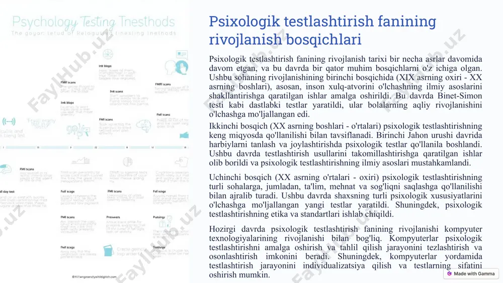 a turli psixologik muammolarni aniqlashda yordam beradi. 4 psixologik xizmatlarni takomillashtirish testlar natijalariga asoslanib, psixologik xizmatlarni individualizatsiya qilish, samaradorligini oshirish va insonning shaxsiy ehtiyojlariga moslashtirish mumkin. 4 psixologik testlashtirish tanining asosiy yo'nalishlari psixologik testlashtirish fanining turli sohalarga yo'naltirilgan bir qator yo'nalishlari mavjud. ushbu yo'nalishlar quyidagilarni o'z ichiga oladi: aqliy qobiliyatlarni o'lchash ushbu yo'nalish insonning aqliy qobiliyatlari, xotira, e'tibor, fikrlash va muammolarni hal qilish qobiliyatini o'lchashga qaratilgan. shaxsiyatni o'lchash ushbu yo'nalish insonning shaxsiy xususiyatlari, xarakteri, qiziqishlari, motivatsiyasi va qadriyatlarini o'lchashga yo'naltirilgan. hissiy holatni o'lchash ushbu yo'nalish insonning hissiy holati, kayfiyati, tashvish darajasi va stressga qarshilik qobiliyatini o'lchashga qaratilgan. xulq-atvorni o'lchash ushbu yo'nalish insonning xulq-atvorini, o'zini tutishini, ijtimoiy o'zaro munosabatlarini va boshqa xatti-harakatlarini o'lchashga mo'ljallangan. 5 psixologik testlashtirish fanining metodlari psixologik testlashtirishda turli xil metodlardan foydalaniladi, ular insonning psixologik xususiyatlarini aniqlash va o'lchashga yordam beradi. ushbu usullar quyidagi turlarga bo'linadi: standartlashtirilgan testlar standartlashtirilgan testlar o'lchov natijalarini bir-biri bilan taqqoslash imkonini beruvchi, aniq …