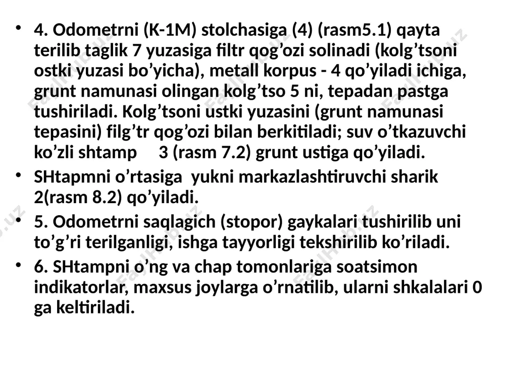 - gilza; 5 - po’lat kolg’tso; 6 - grunt namunasi; 7 - ko’zli (teshikli) taglik; 8 - filg’tr qog’oz. taj- riba № pasangidagi tosh og’irligi r, n tik yo’nalgan bosh kuchlanish z, mpa kuzatish vaqti t, min indikator-larni ko’rsatishi o’r, mm tik yo’nalgan chiziqli deformatsiya asbob ko’rsatchigi p, mm umumiysi h=o’r-p , mm 1 2 3 4 5 6 7 1 0 0 0 0 0 0 2 20 0,05 1 2 4 8 12 3 40 0,1 1 2 4 8 12 4 80 0,7 1 2 4 8 12 1-jadval tajriba jurnali 9. xar bir bosqich uchun, tik yo’nalgan bosh bosim qo’yidagi ifodadan xisoblanadi  = r /nt f , mpa bu yerda r - yuk suppachasiga qo’yilgan toshlar og’irlini n, nt - kuch yelkasini nisbati; tik yo’nalgan kuchlar uchun nb=1:10 f - grunt namunasini yuzasi, f = 40 sm2 tajribadan olingan natijalarni (1-9) tengliklarga qo’yib, ularni qiymatlarini …