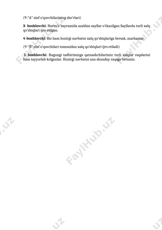 i: navro’zning kelib chiqishi haqida ko’plab fikrlar, afsonalar mavjud. masalan, zardushtiylar davridagi ba’zi bir tushunchalarga qaraganda, yaxshilik xudosi ahuramazda bahor va yozda, yomonlik xudosi ahriman kuzda va qishda hukmdorlik qilar emish. bahorning birinchi kunida yaxshilik xudosi yomonlik xudosi ustidan g’olib chiqqan. muqaddas sana deb uni bayram qilishgan. bu sana navro’z bayrami deb tan olingan emish. 1-boshlovchi: qadimiy afsonalarga ko’ra, odam ato va momo havo uchrashgan kun navro’z bayrami deb tan olingan emish. firdavsiyning “shohnoma “sida esa yangi yil, ya’ni navrozning vujudga kelishi shoh jamshid nomi bilan bog’lanadi. vaqt o’tib ,bu bayram rivojlangan. u “yil boshi “ vazifasini o’tay boshlagan. ana shundan boshlab navzo’z bayrami nishonlanadi. 2-boshlovchi: navro’z o’lkamiz bo’ylab kezmoqda, barchaning yuzida bahor nafasi, doshqozonlar osilgan, ko’k somsalar yopilgan butun xalqimiz bayramona kayfiyatda. doshqozonda sumalaklar qaynamoqda. 3-boshlovchi: darvoqe, do’stim, yaxshi eslatdingiz. sumalak navro’ziy taom hisoblanadi. sumalak haqida ko’plab qo’shiqlar yaratilgan. hozirgi navbatni sumalakka bag’ishlangan qo’shiqqa bersak. (9-“a” sinf o’quvchisi a.abdullayev …