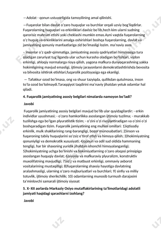 lizm, davlat hokimiyati funksiyalarining sekin-asta fuqarolik jamiyati institutlariga berib borilishi. ―kuchli davlatdan – kuchli jamiyat sari‖ tamoyilining namoyon bo’lishi. birinchi prezidentimiz i.a. karimov ta‘kidlaganidek, ―fuqarolik jamiyati qurish bir qancha vakolatli vazifalarni davlatdan mahalliy hokimiyat organlariga, jamoat tuzilmalariga va fuqarolarning o’zini o’zi boshqarish organlariga bosqichma-bosqich topshirishni ko’zda tutadi. huquqiy asosi – inson uchun ahamiyatli bo’lgan ozodlik, tenglik, adolat qadriyatlarining qaror topishi yuridik tenglikning ta‘minlanishi va ularga huquq va erkinliklar berish orqali qonun yo’li bilan tan olinishi. ―qonun hukumron bo’lgan joyda erkinlik ham bo’ladi (a.temur). ―adolat - qonun ustuvorligida tamoyilining amal qilinishi. ―fuqarolar bilan davlat o’zaro huquqlar va burchlar orqali uzviy bog’liqdirlar. fuqarolarning huquqlari va erkinliklari daxlsiz bo’lib,hech kim ularni sudning qarorisiz mahrum etishi yoki cheklashi mumkin emas.ayni vaqtda fuqarolarning o’z huquq va erkinliklarini amalga oshirishlari boshqa fuqarolarning, davlat va jamiyatning qonuniy manfaatlariga zid bo’lmasligi lozim. ma’naviy asos – insonlar o’z qadr-qimmatiga, jamiyatning asosiy qadriyatlari himoyasiga tura oladigan zaruriyat tug’ilganda ular uchun …