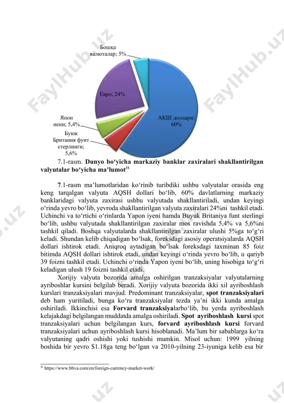 individual investorlar kabi bir qator ishtirokchilar valyutalar boʻyicha kelishuvlarni amalga oshiradi. davlatlar markaziy banklarining oʻz valyuta zaxiralarini qaysi valyutada shakllantirishidan kelib chiqqan holda foreksda asosan qaysi valyutalar qatnashishini bilib olish mumkin. бошқа валюталар; 5% евро; 24% япон иени; 5,4% буюк британия фунт стерлинги; 5,6% ақш доллари; 60% 7.1-rasm. dunyo boʻyicha markaziy banklar zaxiralari shakllantirilgan valyutalar boʻyicha maʼlumot31 7.1-rasm maʼlumotlaridan koʻrinib turibdiki ushbu valyutalar orasida eng keng tarqalgan valyuta aqsh dollari boʻlib, 60% davlatlarning markaziy banklaridagi valyuta zaxirasi ushbu valyutada shakllantiriladi, undan keyingi oʻrinda yevro boʻlib, yevroda shakllantirilgan valyuta zaxiralari 24%ni tashkil etadi. uchinchi va toʻrtichi oʻrinlarda yapon iyeni hamda buyuk britaniya funt sterlingi boʻlib, ushbu valyutada shakllantirilgan zaxiralar mos ravishda 5,4% va 5,6%ni tashkil qiladi. boshqa valyutalarda shakllantirilgan zaxiralar ulushi 5%ga toʻgʻri keladi. shundan kelib chiqadigan boʻlsak, foreksdagi asosiy operatsiyalarda aqsh dollari ishtirok etadi. aniqroq aytadigan boʻlsak foreksdagi taxminan 85 foiz bitimda aqsh dollari ishtirok etadi, undan keyingi oʻrinda yevro …