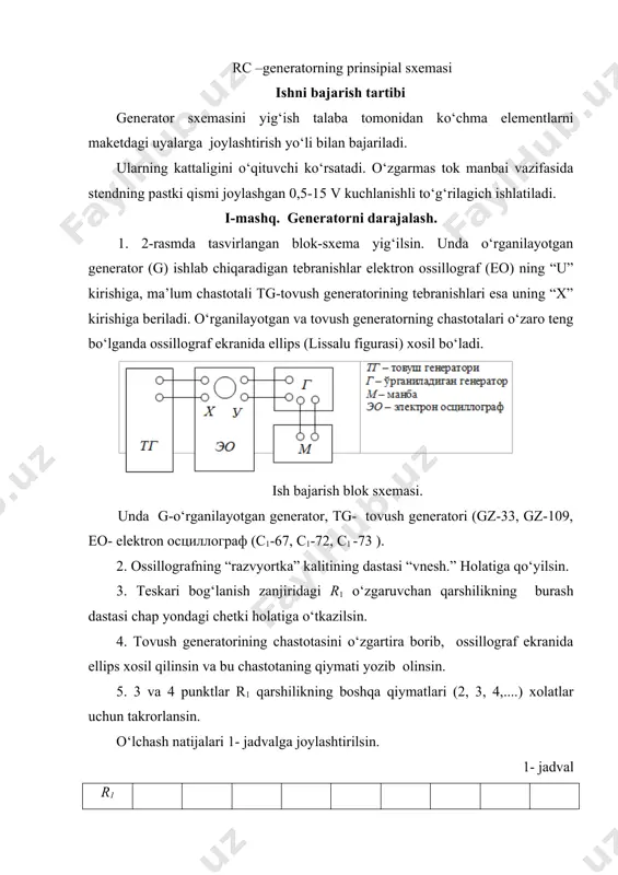 eo- elektron осциллограф (с1-67, с1-72, с1 -73 ). 2. ossillografning “razvyortka” kalitining dastasi “vnesh.” holatiga qo‘yilsin. 3. teskari bog‘lanish zanjiridagi r1 o‘zgaruvchan qarshilikning burash dastasi chap yondagi chetki holatiga o‘tkazilsin. 4. tovush generatorining chastotasini o‘zgartira borib, ossillograf ekranida ellips xosil qilinsin va bu chastotaning qiymati yozib olinsin. 5. 3 va 4 punktlar r1 qarshilikning boshqa qiymatlari (2, 3, 4,....) xolatlar uchun takrorlansin. o‘lchash natijalari 1- jadvalga joylashtirilsin. 1- jadval r1 f 6. jadval natijalari asosida f=f (rн) bog‘lanish grafigi chizilsin. эслатма: 1. r1 qarshilikning xar bir xolati uchun chastotaning kattaligi aniqlanganda qiymatini yozib olishdan oldin r8 o‘zgaruvchan qarshilik yordamida tebranishning garmonikligi tekshirilsin. 2. o‘rganilayotgan generator ishlab chiqarilgan tebranishning chastotasini чз-33 chastotomer yordamida xam o‘lchash mumkin. ii-mashq. tebranishlarning statsionar amplitudasini aniqlash 1. teskari bog‘lanishli zanjirning elementlari с1, r1 va r2 lardan birortasini uzib generator sxemasi ikki kaskadli kuchaytirgich xolatiga o‘tkazilsin. 2. kuchaytirgichning amplitudaviy xarakteristikasi olinsin. buning uchun: a) 3-rasmda ko‘rsatilgan blok …