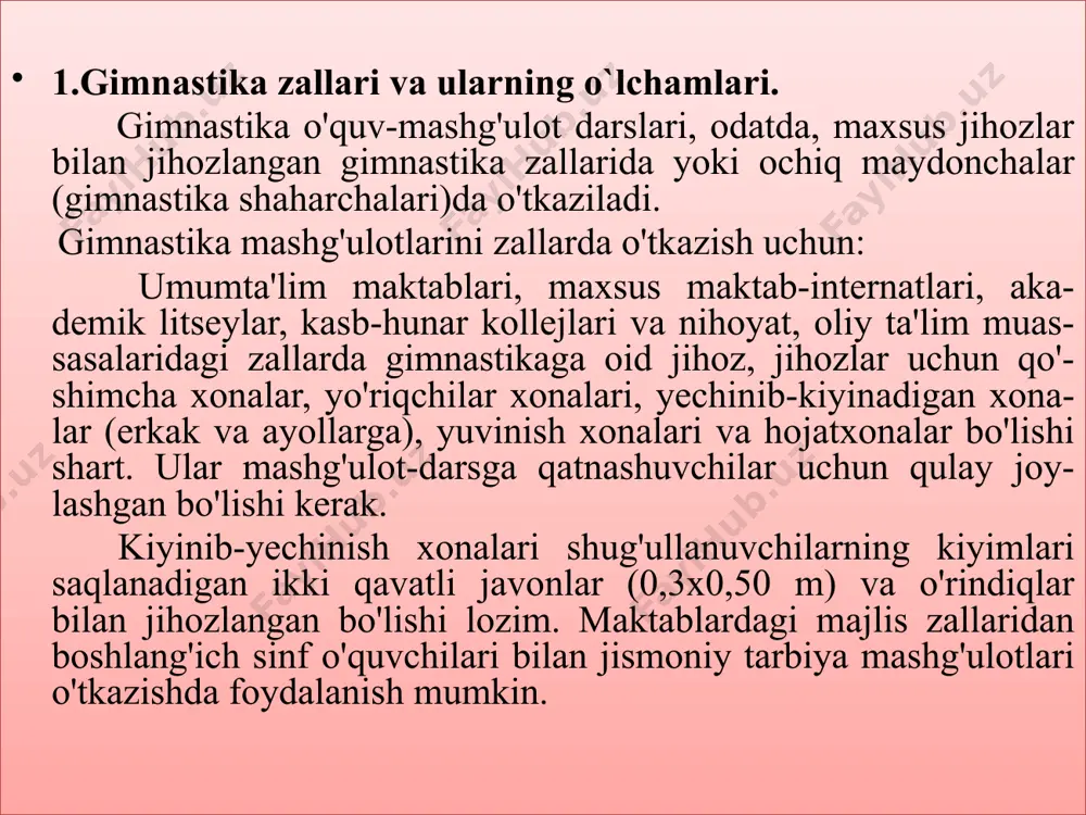 gan bo'lishi kerak. isitish asboblari ham turtib chiqmaydigan qilib, devor sathiga tekislab panjara bilan qoplanadi. odatda, gimnastika mashg'uloti o'tkaziladigan zaldagi harorat doimiy 18—20°c saqlab turiladi, havoning namligi esa 50-60 % atrofida bo'ladi. mashg'ulotlar o'tkaziladigan sport zalida havoni bir soatda uch marta almashtirishni ta'minlaydigan tabiiy yoki sun'iy (havo oqimini kiritib, so`rib chiqaradigani hamda isitib turadigan) jihozlar o'rnatilishi maqsadga muvofiq. derazalarning nur tushadigan sathi pol sathidan 1,5 qismidan kam bo'lmasligi kerak. derazalar poldan 1,5 m balandlikda bo'lishi darkor. elektr nuri mayin, yetarli (pol yaqinida 150 luks yoritilgan) bo'lishi lozim. yechinib-kiyinish xonalari zalning yonginasida bo'ladi. hamma xonalar muntazam supurib, yuvib, yig'ishtirilib turilishi kerak (har kuni, har bir mashg'ulotdan so'ng ho'l latta bilan artiladi va 1—2 haftada bir marta yaxshilab umumiy yig'ishtiriladi). 2. gimnastika jihozlari va ularning o`lchamlari. zalda o'rnatilgan gimnastika devori umumrivojlantiruvchi mashqlar bajarish va tirmashib chiqish uchun qo'llaniladi. uning balandligi 320 sm, ustunlarining orasi 100 sm. gorizontal zina- poyalar (reykalar) ustunlarga mahkamlangan …