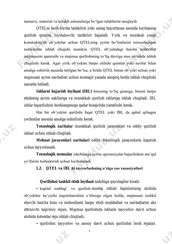 alablarini aniqlaydi. qtelni bosh loyiha tashkiloti yoki uning buyurtmasi asosida loyihaning qurilish qismini loyihalovchi tashkilot bajaradi. yirik va murakab yangi konstruksiyali ob’yektlar uchun qtelning ayrim bo‘limlarini ixtisoslashgan tashkilotlar ishlab chiqishi mumkin. qtel ob’yektdagi barcha inshootlar majmuasini qamrashi va majmua qurilishining to‘liq davriga mos ravishda ishlab chiqilishi kerak. agar yirik ob’yektni barpo etilishi qismlar yoki navbat bilan amalga oshirish nazarda tutilgan bo‘lsa, u holda qtel butun ob’yekt uchun yoki majmuani ayrim navbatlari uchun mustaqil yanada aniqroq holda ishlab chiqilishi nazarda tutiladi. ishlarni bajarish loyihasi (ibl) binoning to‘liq qismiga, binoni barpo etishning ayrim sakllariga va murakkab qurilish ishlariga ishlab chiqiladi. ibl ishlar bajarilishini boshlanguniga qadar bosqichda yaratilishi kerak. har bir ob’yektni qurilishi faqat qtel yoki ibl da qabul qilingan yechimlar asosida amalga oshirilishi kerak. texnologik xaritalar murakkab qurilish jarayonlari va oddiy qurilish ishlari uchun ishlab chiqiladi. mehnat jarayonlari xaritalari oddiy texnologik jarayonlarni bajarish uchun tayyorlanadi. texnologik sxemalar ishchilarga ayrim operatsiyalar bajarilishini ma’qul …