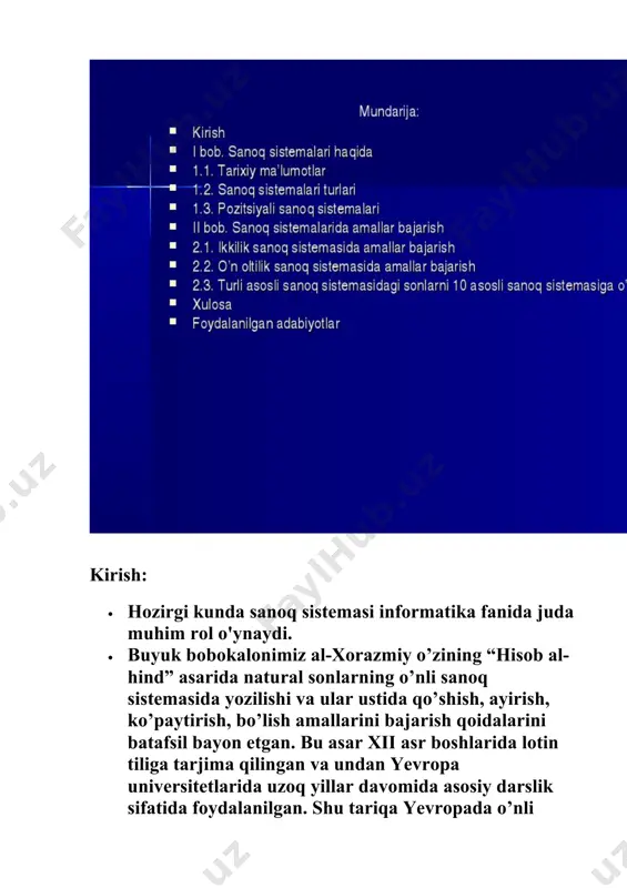 mizning har biri 3 tadan, ya’ni hammasi bo’lib 12 ta bo’g’indan iboratdir. mazkur sanoq sistema izlari hanuzgacha saqlanib qolgan. masalan, inglizlarda · uzunlikni o’lchash birligi: · 1 fut = 12 dyum=30 sm, · pul birligi · 1 shilling = 12 pens. · qadimgi bobilda ancha murakkab bo’lgan sanoq sistemasi – 60lik sanoq sistemasi qo’llanilgan. bu sanoq sistemasining qoldiqlari hozir ham bor. masalan: · 1 soat = 60 minut · 1 minut = 60 sekund · xvi – xvii asrlargacha amerika qit’asining katta qismini egallagan atstek va mayyalarda 20 lik sanoq sistemasi qo’llanilgan. 1.2.sanoq sistemalari turlari. · razryad raqamlarini ifodalash uchun p ta turli belgilardan tashkil topgan to’plamdan foydalaniladi. misol uchun, p=10 (ya’ni odatdagi o’nlik sanoq tizimida) bo’lganda razryad raqamlarini yozish uchun o’nta 0,1,2,…,9 belgidan tashkil topgan to’plamdan foydalaniladi. bunda 729, 32410 yozuvi (bu yerda va bundan keyin indeks shu son ifodalangan sanoq tizimining asosini bildiradi) quyidagi miqdorni bildiradi: · razryadlarning …