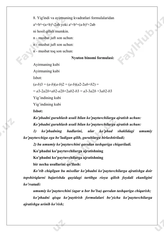 h, keyin esa bo‘lish oson. 2 da. misol: 6x5=(6x10):2=30 avval 6x10=60 ni hisoblab chiqamiz, so'ngra natijani ikkiga bo'lamiz: 60:2=30. demak, 6x5=30. 7. 6, 7, 8, 9 ga ko‘paytiring. barmoqlaringizdagi stolni o'rganishingiz mumkin. · buning uchun qo'llaringizni stolning chetiga qo'ying. · keling, ikkala qo'lning barmoqlarini bosh barmog'idan boshlab kichik barmoq bilan tugaydigan 5 dan 9 gacha aqliy raqamlaymiz. · masalan, 7 x 8 ni ko'paytiring . keling, 7 va 8-barmoqlarni yopamiz. · biz pastki barmoqlarni stoldan tushiramiz, jami ular bizga o'nlab beradilar . · birliklarni olish uchun stol ustidagi barmoqlar kerak . chap qo'lning barmoqlari soni o'ng qo'lning barmoqlari soniga ko'paytiriladi va biz birliklarni olamiz. · o'nlik va birliklarni ulashda biz javob olamiz . 8. 9 ga ko'paytiring . bu yerda 9=10-1 ekanligini hisobga olamiz. shuning uchun raqamni 9 ga ko'paytirish uchun raqamning o'ng tomoniga 0 qo'shish va bu raqamni o'zini ayirish kifoya. misol: 8x9=80-8=72. 9 ga ko'paytirish, agar ma'lum bir …