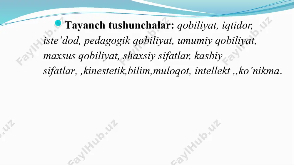 t jihatidan yangi, original va takrorlanmas biror yangilikni paydo qiluvchi faoliyatdir. mahsuldor ijodkorlikda belgilangan har qanday muammo muvaffaqiyatli hal qilinadi; ijod qilishga layoqatli bo’lgan o’qituvchilarning asosiy qismida bu jihatlar namoyon bo’ladi. evristik ijodkorlik, jamiyatda ro’y berayotgan kasbiy faoliyatga oid yangiliklarni dadil o’zlashtirish va targ’ib qilishni anglatadi, ya’ni uning asosida g’oyalar (farazlar) hosil qilish jarayonini intensifikatsiya qilish va ularning haqiqatga yaqinligini (ehtimolligini, ishonchliligini) izchil amalga oshirish va bunda yangi holatda dadil harakat qilish qobiliyati, fikrlash jarayoni asosida tafakkurni rivojlantirish kuzatiladi. kreativ ijodkorlikda o’qituvchi ijtimoiy ahamiyatga ega bo’lgan yangi nazariyalarni yaratadi, o’z firklari va takliflari bilan chiqadi, mohir va tajribali, layoqatli o’qituvchilargina bunga erishishi mumkin biror faoliyatning muvaffaqiyatli, mustaqil va mukammal bajarilishini ta’minlaydigan noyob qobiliyatlar birikmasi talant deyiladi. qobiliyat ko’rsatkichlari: -1.ko’nikmalarni egallash tezligi. 2-.erishilgan yutuqlar sifati qobiliyatlar;- insonning ma’lum faoliyat talablariga javob beruvchi va uning muvaffaqiyatli bajarilishining sharti hisoblanuvchi individual-psixologik xususiyatlardir umumiy: aqliy faollik; tanqidiylik; tizimiylik; tahlil qilish; reaktsiya tezligi; sintezlash; diqqatni …