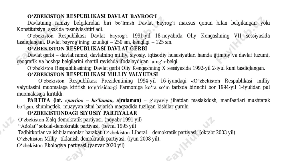 shilar guruhi o‘zbekistondagi siyosiy partiyalar o‘zbekiston xalq demokratik partiyasi, (noyabr 1991 yil) “adolat” sotsial-demokratik partiyasi, (fevral 1995 yil) tadbirkorlar va ishbilarmonlar harakati o‘zbekiston liberal – demokratik partiyasi, (oktabr 2003 yil) o‘zbekiston milliy tiklanish demokratik partiyasi, (iyun 2008 yil). o‘zbekiston ekologiya partiyasi (yanvar 2020 yil) yoshlar kuni - o‘zbekiston respublikasi prezidenti shavkat mirziyoyevning «kamolot» yoshlar ijtimoiy harakatining iv qurultoyida o‘zbekiston yoshlar ittifoqi tashkil etilgan kun — 30 iyun sanasini mamlakatimizda yoshlar kuni deb e’lon qildi. institutda 2017 yildan buyon o‘zbekiston yoshlar ittifoqi boshlang‘ich tashkiloti faoliyat olib bormoqda. birlashgan millatlar tashkiloti (bmt) yer yuzida tinchlikni mustahkamlash va xavfsizlikni ta’minlash, davlatlarning va millatlarning o‘zaro hamkorligini rivojlantirish maqsadida 1945 yilda tuzilgan xalqaro tashkilot. o‘zbekiston respublikasi bmtga 1992-yil 2-martda qabul qilindi. bugungi kunda bmtga 191 davlatlar a’zo bo‘lib kirgan. mustaqil davlatlar hamdo‘stligi (mdh) mdh 1991-yil 8-dekabrda minsk shahrida sssrning barham topishi bilan shakllandi. mdh a’zolari xalqaro tinchlik va xavfsizlikni ta’minlash, harbiy harajat va qurollarni qisqartirish …