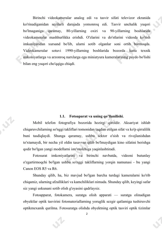 k buni tasdiqlaydi. shunga qaramay, ushbu sektor o'sish va rivojlanishdan to'xtamaydi, bir necha yil oldin tasavvur qilib bo'lmaydigan kino sifatini berishga qodir bo'lgan yangi modellarni iste'molchiga yaqinlashtiradi. fotosurat imkoniyatlarini va birinchi navbatda, videoni butunlay o'zgartirmoqchi bo'lgan ushbu so'nggi takliflarning yorqin namunasi - bu yangi canon eos r5 va r6. shunday qilib, ha, biz mavjud bo'lgan barcha turdagi kameralarni ko'rib chiqamiz, ularning afzalliklari va kamchiliklari nimada. shunday qilib, keyingi safar siz yangi uskunani sotib olish g'oyasini qadrlaysiz. fotoapparat, fotokamera, suratga olish apparati — suratga olinadigan obyektlar optik tasvirini fotomateriallarning yoruglik sezgir qatlamiga tushiruvchi optikmexanik qurilma. fotosuratga olishda obyektning optik tasviri optik tizimlar yordamida fotomaterialning yorugʻlik sezgir qatlamiga maʼlum vaqt oraligʻida proyeksiyalanadi. natijada yoruglik sezgir qatlamda suratga olingan obyektning yashirin tasviri hosil boʻladi; fotomaterialga kimyoviyfotografik ishlov berilgandan soʻng suratga olingan obyektning koʻrinadigan negativ yoki pozitiv tasviriga aylanadi. f.ning havaskorlik, professional va maxsus xillari bor. havaskorlik va professional f.lardan kishilarni, peyzaj, sport musobakalarini …