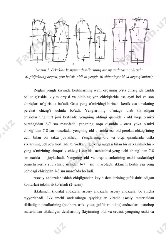 elkaga va yoqa oralig`iga qo`yiladigan dag`al matodan iborat bortovka)ning andazalari; astarlik materialdan tayyorlanadigan detallar (kiyimning ko`krak qismiga, elkaga va yoka oralig`iga qo`yiladigan dagal matodan iborat bortovka)ning andazalari; astarlik materialdan tayyorlanadigan detallar (pidjak va jiletkaning old qismiga, yirmochka, orqa, etakka, yeng o`miziga, yon etakka, yenglar uchiga, ustki va ostki yokalarga podbortga qo`yiladigan takroriy oralik material) andazalari. 2-rasm. pidjak (a) va shim (b) detallarning hosila andazalarini tayyorlash. yordamchi andazalar kiyim detallarining asosiy va ikkilamchi andazalaridan foydalanib tayyorlanadi. asosiy va ikkilamchi etalon-andazalarga xamda ish andazalariga texnik talablarga muvofiq qo`yidagi belgilar qo`yiladi: gazlamaning bo`ylama yo`nalishini ifodalovchi chiziq - tanda ipi yo`nalishi (t.i.); bo`ylama yo`nalishdan chetga chiqish chiziqlari; ulok tushadigan joylarda ularning minimal va maksimal kengligini ko`rsatuvchi chiziqlar (kiyimlarining tarmoq standartiga muvofiq); bir-biriga ulanadigan detallarning juftlashtiriladigan joylaridagi kontrol kertiklar. yordamchi andazalarda cho`ntaklar, vitochkalar, burmalar, izmalar, tugmalar va xokazolarni ko`rsatiladi. asosiy, ikkilamchi va yordamchi etalon-andazalarning hamda ish andazalarining barcha komplektlarida kesiladigan joylardagi chiziqlar bo`yicha (andazaning chetidan …