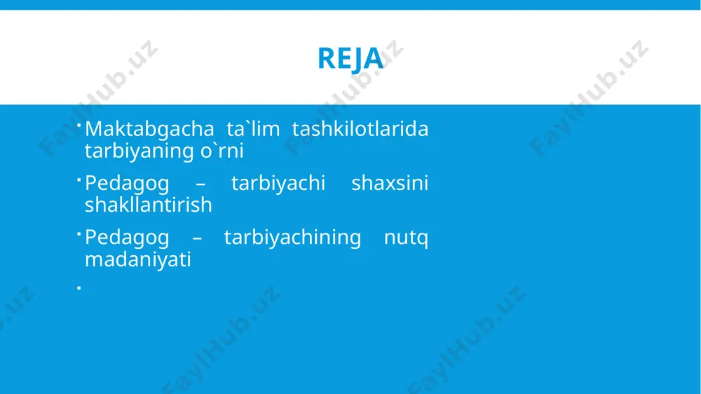 bolalarga kundalik hayotda, o‘yinlarda, mashg‘ulotlarda, birgalikdagi mehnat faoliyatida va ular bilan bo‘ladigan muomalada ta'sir ko‘rsatadi. u har bir bolani diqqat bilan o‘rganishi, uning shaxsiy xususiyatlarini, qobiliyatlarini bilishi, pedagogik nazokatini namoyon qilishi, bolalarning xulq-atvorini, ish natijalarini haqqoniy baholashi kerak, ularga o‘z vaqtida yordam ko‘rsata olishi, oiladagi ahvoli bilan qiziqishi zarur. pedagog – tarbiyachi shaxsini shakllantirish tarbiyachi maktabgacha yoshidagi bolalarga tabiat, jamiyat hodisalari, kattalarning mehnati haqida boshlang‘ich bilim va tushunchalar beradi, ularga madaniy ahlok, o‘z tengdoshlari va kattalar bilan madaniyatli manosabatda bo‘lish odatlarini singdiradi, yaxshilik, haqiqatgӯylik, adolat, jasurlik, kamtarinlik, kattalarga hurmat bilan qarash, tabiatga qiziqish, kuzatuvchanlik, o‘simlik va hayvonlarga g‘amxurlik bilan qarash, mehnatsevarlik, kattalarni mehnati natijalarini asrab-avaylash kabi ahloqiy sifatlarni tarbiyalaydi. image2.jpeg image3.jpeg image4.jpeg /docprops/thumbnail.jpeg