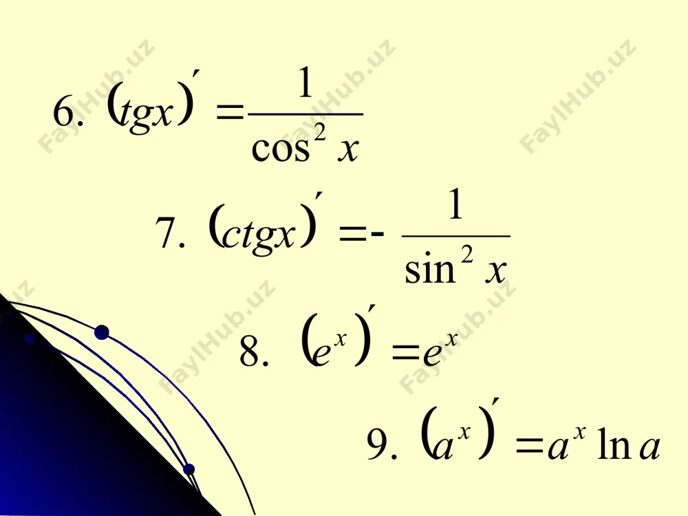 funksiya hosilasining ta`rifi va differensiallashning asosiy qoidalari - Page 5