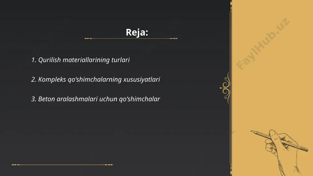 ud. superplastifikatorlar suvni kamaytirib, betonning oquvchanligini yaxshilaydi va uning mustahkamligini 20-25% ga oshiradi. havo kirgizuvchi moddalar 5-8% atrofida havo pufakchalarini paydo qilib, betondagi sovuqqa chidamliligini yaxshilaydi. suv tormozlovchi qo'shimchalar aralashmaning qotish vaqtini 1-3 soatgacha uzaytiradi, bu esa uni beton quyilishi murakkab bo'lgan joylarda qo'llash uchun mos qiladi. ushbu qo'shimchalar maxsus ishlov berishda betonning turli xususiyatlarini yaxshilash va qurilish jarayonini optimallashtirishga yordam beradi. ... t.me/slaydai_bot 4. qurilishda qo'shimchalarning ahamiyati qurilishda qo‘shimchalarning ahamiyati katta bo‘lib, ular beton, ohak va boshqa materiallarning sifatini yaxshilashda ishlatiladi. misol uchun, plastifikatorlar beton aralashmasini suyuqroq holga keltirib, quyilish jarayonini yengillashtiradi va mustahkamlikni oshiradi. suv o‘tkazmaydigan qo‘shimchalar esa materiallarni namlikdan himoya qiladi. tezlatkichlar qurilish vaqtini qisqartirib, betonning tezroq qotishini ta’minlaydi. arzonlashtiruvchi qo‘shimchalar materiallar miqdorini kamaytirish orqali xarajatlarni pasaytiradi. bundan tashqari, antifriz qo‘shimchalari sovuq iqlim sharoitida beton sifatini saqlab qolishga yordam beradi, bu esa maksimal samaradorlikka erishishga yordam beradi. ... t.me/slaydai_bot 5. quvur va armatura materiallari uchun qo'shimchalar quvurlar …