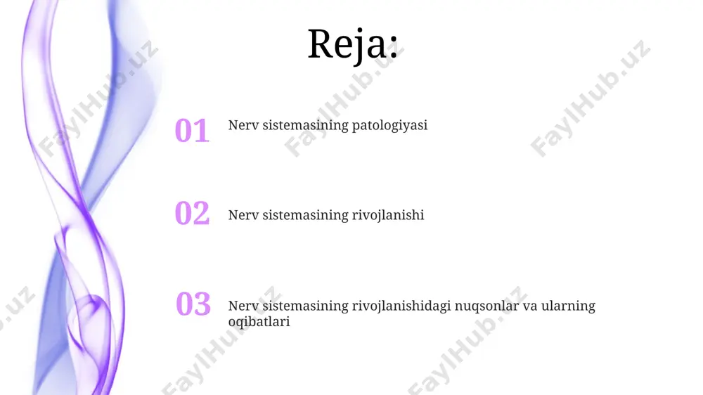 nervlari shikastlansa, tetraplegiya yoki paraplejiya kabi jiddiy nogironliklarga olib kelishi mumkin. nerv sistemasining hujayra tuzilishi nerv sistemasining asosiy hujayralari – neyronlar, taxminan 100 milliardta bo'lib, dendritlar orqali impulslarni qabul qilib, aksonlar orqali uzatadi. miyelin qinining shvan hujayralari tomonidan hosil bo'lishi, akson bo'ylab impuls o'tkazuvchanligini 100 barobar tezlashtirib, nerv impulslarining samaradorligini oshiradi. gliya hujayralari, neyronlarning 10 barobar ko'pligi bilan, neyronlarni himoya qilish, oziqlantirish va miya-shartli moddalarni tarqatish vazifalarini bajaradi. nerv sistemasining rivojlanishi nerv sistemasining rivojlanishi epigenetik mexanizmlar bilan tartibga solinadi, bu yerda atrof-muhit omillari dnk metilasyon va gistonga o'zgartirish orqali neyrogenezni 5% ga o'zgartirishi mumkin. aksonlarning o'sishi va sinaptik aloqalarning hosil bo'lishi, tug'ilishdan keyingi birinchi yilda intensiv ravishda davom etib, miya funksiyalarining rivojlanishiga 1000 dan ortiq genlar ta'sir qiladi. nerv sistemasining rivojlanishi davrida, taxminan 25-kunning atrofida, neyronlarning tezkor proliferatsiyasi va migratsiyasi kuzatiladi, bu miya va orqa miyaning asosiy tuzilmalarini shakllantirishga olib keladi. e'tiboringiz uchun rahmat @taqdimot_robot image1.jpeg image2.jpeg image3.jpeg