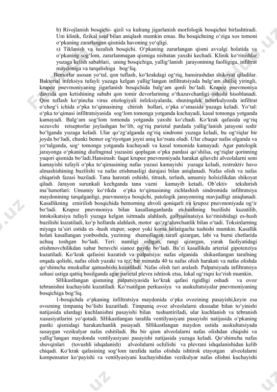 a, gematologiya, urologiya, teri-tanosil kasalliklari, oftalmologiya kabi fanlar bilan bir qatorda tuberkulyoz kasalligini boshqa kasalliklar bilan qiyosiy tashxislashga asoslanadi. 4. darsning mazmuni o‘pka to‘qimasining infiltrativ zichlashish sindromi. o‘pka infiltratsiyasi – bu o‘pka to‘qimalariga, alveola devoriga suyuqliklar, hujayra elementlari, turli kimyoviy moddalarni kirishi va to‘planishi bilan bog‘liq patologik holat.o‘pka to‘qimasining hujayra elementlarsiz faqat biosuyuqliklar bilan to‘yinishi o‘pka shishiga tegishli. o‘pka to‘qimasining infiltrativ qalinlashish sindromi, morfologik, klinik, laborator va rentgenologik sindromlardan kelib chiqadi. amaliyotda u ko‘pincha klinik va rentgenologik ma’lumotlar asosida tashxis qilinadi. bioptat olish yo‘li bilan o‘tkaziladigan morfologik izlanishlar infeksiya etiologiyasini aniqlash uchun ko‘rik zaruriyatida o‘tkaziladi. o‘tiks sababi ko‘pincha bakterial, zamburug‘li, parazitar infeksiyalarda o‘pka to‘qimasiga invaziyani (tuberkulyoz, kandidoz, askaridoz) tasir etishi, keyingi sababi - bu o‘pkani shishishi allergik genezli kasallikda, leykozlar va biriktiruvchi to‘qimalarning kasallanishida. terapevt shifokor o‘tkir pnevmoniyada kuzatiladigan o‘pka to‘qimasining nospetsifik infiltratsiyasi bilan to‘qnash keladi. pnevmoniya-bu o‘pka to‘qimasidagi alveolalarning zararlanishi bilan bog‘liq yallig‘lanish jarayoni. morfologik jihatdan to‘rt bosqich farqlanadi. …