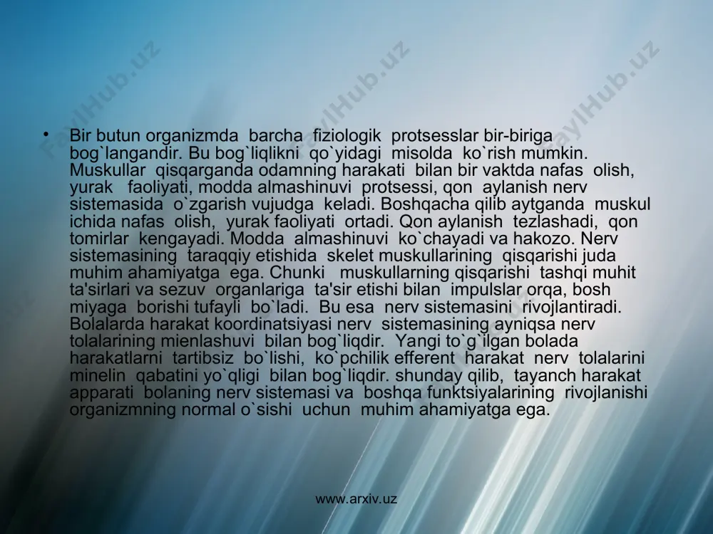 z www.arxiv.uz suyaklar oraliqli, tog`ayli to`qima, suyakli to`qima, biriktiruvchi to`qima yordamida birikadi. biriktiruvchi to`qima yordamida birikish – bog`lamlar, pardalar, kalla choklari. tog`ayli to`qima yordamida birikish - umurtqalararo tog`aylar orqali. suyakli to`qima yordamida birikish - dumg`aza umurtqalari va dumg`aza suyagining hosil qilish kiradi. oraliqli birikishga bo`g`inlar kiradi. www.arxiv.uz www.arxiv.uz bosh skеlеt. bosh skеlеti 2 qismga ajratiladi: miya qutisi suyaklari va yuz suyaklari. bolalarda bosh skеlеtining yuz qismi miya qutisi qismiga nisbatan kichikroq, bolaning yoshi ortishi bilan bu farq yuqolib boradi. bosh skеlеti bolaning 2 yoshgacha bir tеkis o`sadi. bolaning 1,5 yoshida kalla suyaklaridagi likildoqlar to`liq suyaklashadi. 4 yoshida miya qutisining choklari hosil bo`ladi. kalla suyaklari 3 – 4 yoshda, 6 – 8 yoshda, 11 – 15 yoshgacha tеz o`sadi. bu o`sish 20 – 30 yoshgacha davom etadi. www.arxiv.uz www.arxiv.uz umurtqa pog`anasi. umurtqa pog`anasi – alohida umurtqa suyaklaridan va umurtqalararo tog`aylardan tashkil topgan. umurtqa pog`anasi skеlеtining uqi va tayanchini hosil qiladi va …
