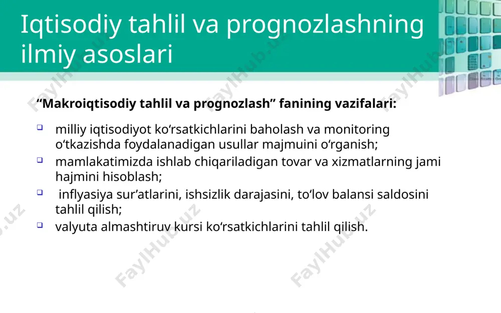 bda o'qitish va boshqalar); 2 jamiyat farovonligiga salbiy ta'sir ko'rsatuvchi xufyona iqtisodiyot sohalari faoliyat turlari (giyohvandlik mahsulotlari ishlab chiqarish va sotish, ko'ngilochar mashғulotlarning yashirin turlari, reket va boshqalar); 3 jamiyat farovonligini oshiruvchi, biroq nobozor tavsifga ega bo'lgan uy ishlari (xonadonlarni, elektr va radio jihozlarni, poyafzal va avtomashinalarni ta'mirlash va boshqalar); 4 jamiyat farovonligining pasayishiga olib keluvchi ishlab chiqarishni kengaytirishning salbiy natijalari (resurslarning tugab ketishi, iqlimning o'zgarishi, atrof-muhitning ifloslanishi). iqtisodiy tahlil va prognozlashning ilmiy asoslari asosiy makroiqtisodiy bog‘liqliklar © 2013 cengage learning. all rights reserved. may not be scanned, copied or duplicated, or posted to a publicly accessible website, in whole or in part. 15 makroiqtisodiy tahlil iqtisodiyotning to‘rtta sektorini tahlil qilishga qaratilgan: real (xususiy) davlat (byudjet) pul tashqi iqtisodiy tahlil va prognozlashning ilmiy asoslari real sektor pul sektori davlat sektori tashqi sektor © 2013 cengage learning. all rights reserved. may not be scanned, copied or duplicated, or posted to a …