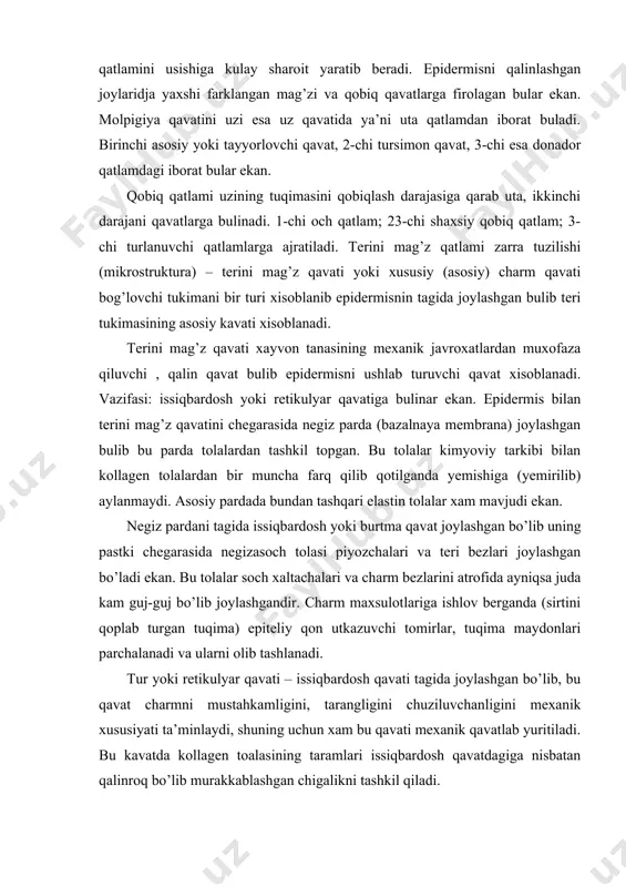 ab turgan tuqima) epiteliy qon utkazuvchi tomirlar, tuqima maydonlari parchalanadi va ularni olib tashlanadi. tur yoki retikulyar qavati – issiqbardosh qavati tagida joylashgan bo’lib, bu qavat charmni mustahkamligini, tarangligini chuziluvchanligini mexanik xususiyati ta’minlaydi, shuning uchun xam bu qavati mexanik qavatlab yuritiladi. bu kavatda kollagen toalasining taramlari issiqbardosh qavatdagiga nisbatan qalinroq bo’lib murakkablashgan chigalikni tashkil qiladi. 1. adabiyotlar: 2. зокиров м.д.атамуродов к.а.хайдаров к.х. хайвонлар хом ашёси товаршуносли. тошкент, 1999 й 3. каспарьянц с.а. кошилёв а.ф. шкутов ю.г товароведение и технология первичной обработки кожевенного сырья. москва легкая индустрия, 1977 й. 4. muynabop,po’stinbop va charmbop terilarni ishlab chiqarishni uslubiy qullanmalari. toshkent, 2008 y. 5. o’zinform agroprom targ’ibot va ilmiy- texnikaviy axborotlar respublika markaziy «bildirish»lari. 6. muynabop, po’stinbop va charmbop terilari davlat standartlari. 2000 y.