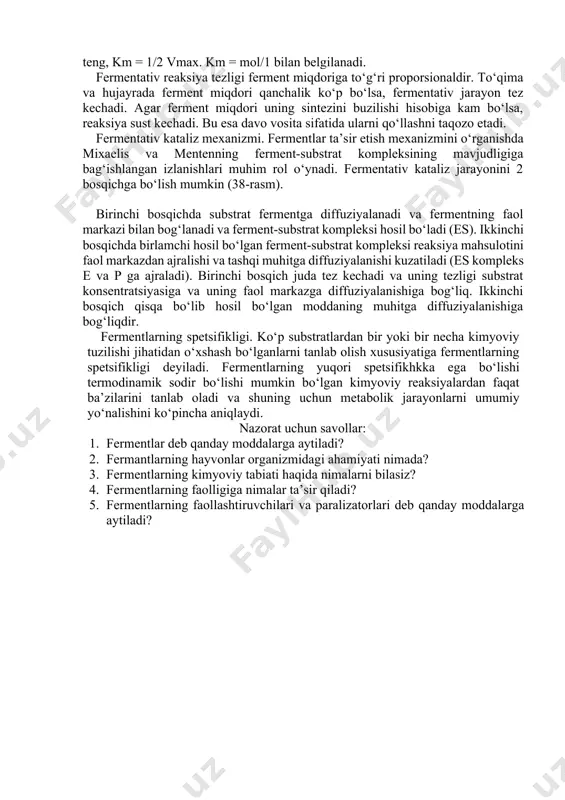rda fermentativ reaksiyalar tezligining haroratga bog‘liqligi. organizm haroratining muayyan darajadan ortib ketishi fermentlar faolligini pasaytiradi. fermentativ reaksiya maksimal faoliyat kechiradigan daraja ushbu ferment uchun optimal harorat deb yuritiladi. ko‘pchilik fermentlarning ta’siri uchun optimal tana harorati 37°cga yaqin (normal tana harorati). masalan: oqsil va kraxmalning kislotalar bilan gidrolizi 100°cda bir necha soat davomida kechadi, ferment ta’sirida esa 37°cda bir necha daqiqada sodir bo‘ladi. h202ning temir ionlari bilan parchalanishi sekin boradi, katalaza fermenti ta’sirida esa juda tez kechadi va fermentdagi 1 mg temir 10 tonnaneorganik temiming o‘rnini bosadi. fermentativ reaksiyalar tezligini tana haroratiga bog‘liqligi muhim amaliy ahamiyatga egadir. masalan, infeksion omillar ta’sirida organizmda isitimaning ko‘tanlishi (lixoradka) biokimyoviy jarayonlarni tezlashtiradi va hujayrada endogen substratlarni tanqisligini vujudga keltiradi (organizmni darmonsizlantiradi). negaki tana haroratining гс ortishi fermentativ reaksiyalar tezligini 20% oshiradi. ba’zi fermentlar termolabil bo‘lgani sababli yuqori tana haroratida denaturatsiyaga uchraydi va biokimyoviy jarayonlar tabiiy kechishini o‘zgartiradi. bularni oldini olish uchun lixoradka holatida dori vositalar …