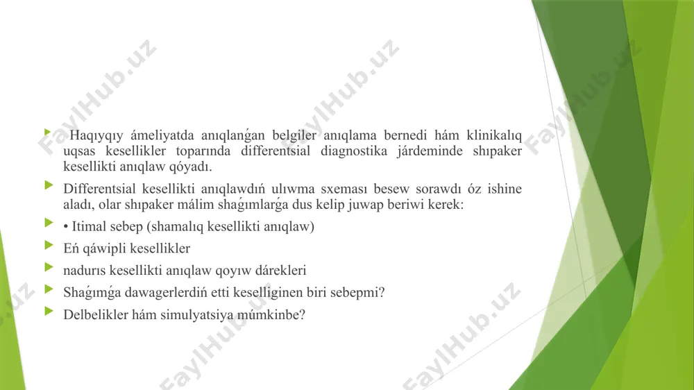 ’m de alding’i diywalindig’i vena tamirlari ken’eygenligine itibarin qaratadi. vena tamirlari ken’eyiwi bawir stirrozina ta’n bolsa, qarinnin’ u’lkeyiwi asstit barlig’inan belgi beredi. asstit spestifik belgi bolmay, bir qatar basqa keselliklerde gu’zetilse de biraq onin’ barlig’i bawir stirrozi diagnozin qoyiwg’a ja’rdem beredi. keyingi klinik ha’m laboratoriya-a’sbapli tekseriwler a’yne sol diagnoz ushin qaratilg’an halda o’tkiziledi. biraq bunday jantasiw bir qatar kemshiliklerge iye. sonin’ ishinde ol nawqastin’ uliwma ahwalin toliq bahalaw keselliktin’ sebebi ha’m uqsas diagnozlardi aniqlaw imkanin bermeydi. bunda aniqlang’an o’zine ta’n belgilerden uliwmaliqqa o’tiledi ha’m og’an tayang’an halda tiykarg’i juwmaq shig’ariladi. bunin’ ushin shipaker puxta klinik ha’m laborator-a’sbapli tekseriwler o’tkizedi, olardin’ na’tiyjelerin bahalaydi ha’m olarg’a tayang’an halda birlemshi diagnoz qoyadi. bul to’mendegishe a’melge asiriladi. nawqastag’i barliq belgileri aniqlanadi ha’m olar tiykarinda sindromlar ajiratiladi. sol sindromlar tiykarinda boliwi mu’mkin bolg’an kesellikler tuwrali birlemshi juwmaq shig’ariladi. ayirim jag’daylarda sindromlar jiyindisi tiykarinda diagnoz qoyiw qiyinshiliq tuwdirmaydi, bazida bolsa tiykarg’i sindrom tu’rli keseliklerde ushiraydi. bunday …