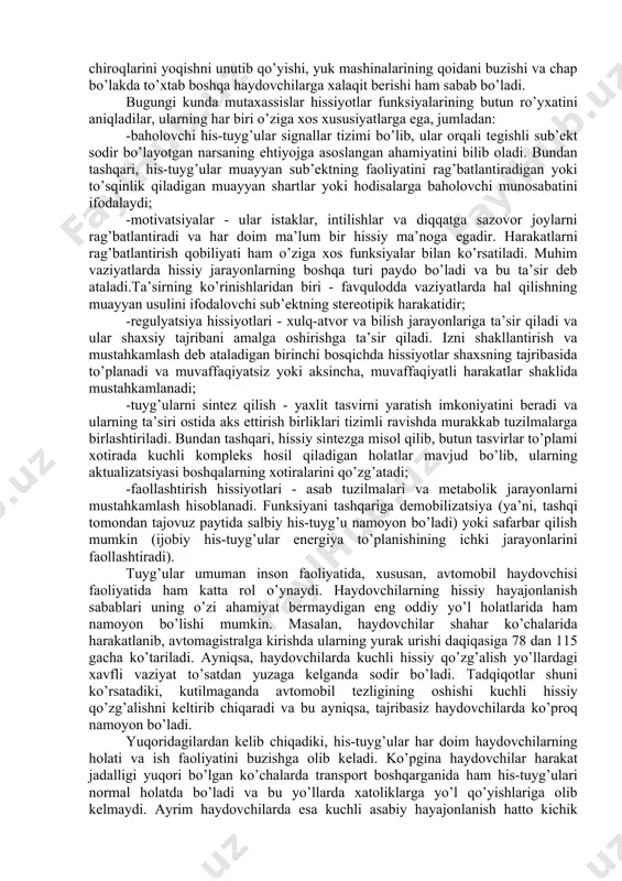 iz hodisalarga uchrashi mumkin. bunday haydovchilar his-tuyg’ularini nazorat qilishni o’rganishlari kerak bo’ladi. iroda - bu insonning o’z faoliyatini ongli va faol boshqarish, o’z maqsadlariga erishish uchun to’siqlarni yengib o’tish hamda mavjud motivatsiya yetarli bo’lmaganda faoliyat uchun qo’shimcha motivatsiya yaratish qobiliyatidir. irodaviy jarayonlar - bu odamning tashqi va ichki to’siqlarni bartaraf etish, belgilangan maqsadga erishish uchun barcha kuchlarni safarbar qilish bilan bog’liq bo’lgan xatti-harakati hamda harakatlarini ongli ravishda tartibga solish hisoblanadi. shahar bo’ylab harakatlanayotgan har qanday haydovchi ertami-kechmi boshqa haydovchilarning asossiz tajovuzkorligiga duch kelishlari mimkin. bunday kichik xatolar, qatorni o’zgartirish yoki svetoforda ushlanib qolish tufayli yuzaga kelishi mumkin. bularning asosiy sababi shundaki, haydovchi imkon qadar manzilga tezroq yetib borishga odatlanib qolgani uchun boshqa haydovchilarning yo’lda sekin boshqarishlari, svetoforda ushlanib qolishi yoki beadab harakatlar qilishi asabiylashishga olib keladi. shiningdek, yo’llarda haydovchining asabiylashishi tajribasiz haydovchilar, issiq havo harorati, chap bo’lakda sekin harakatlanadigan mashinalar va boshqalar tufayli yuzaga keladi. masalan, mikroavtobus haydovchilari boshqa haydovchilarga …